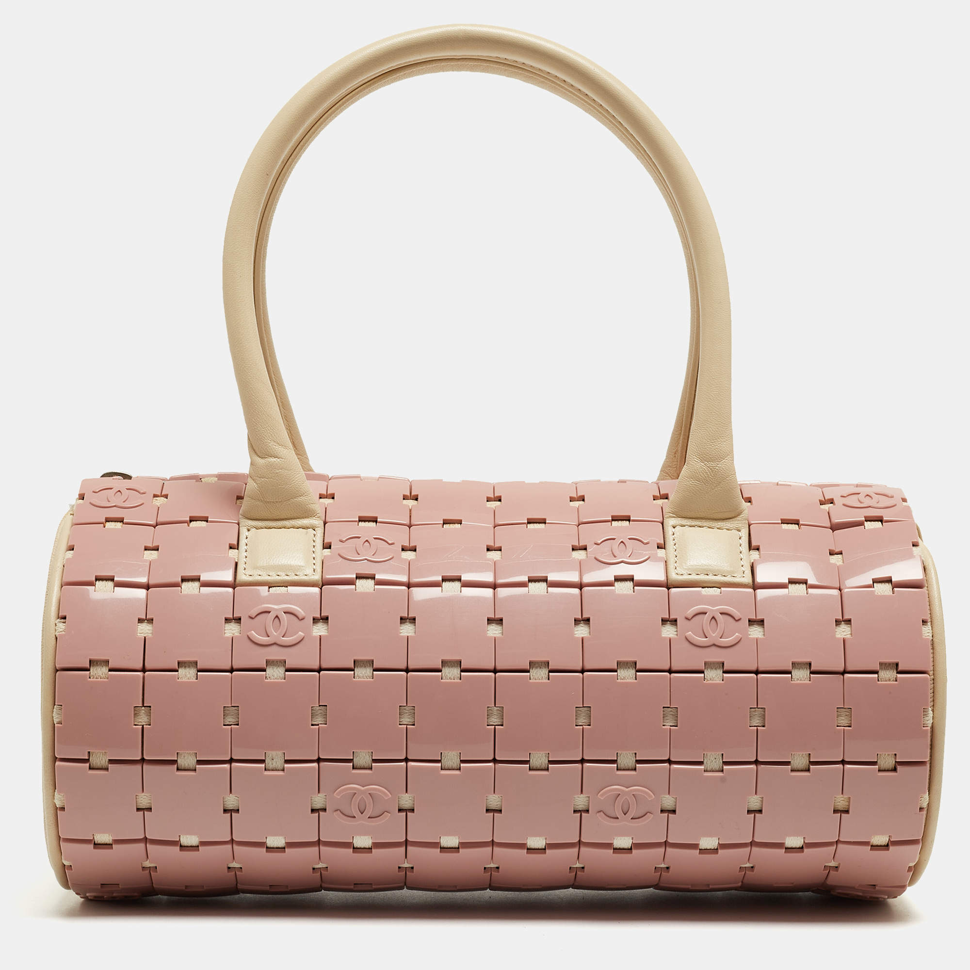 Pre Owned Chanel Pink/Light Beige Acrylic Lucite Puzzle Barrel Satchel