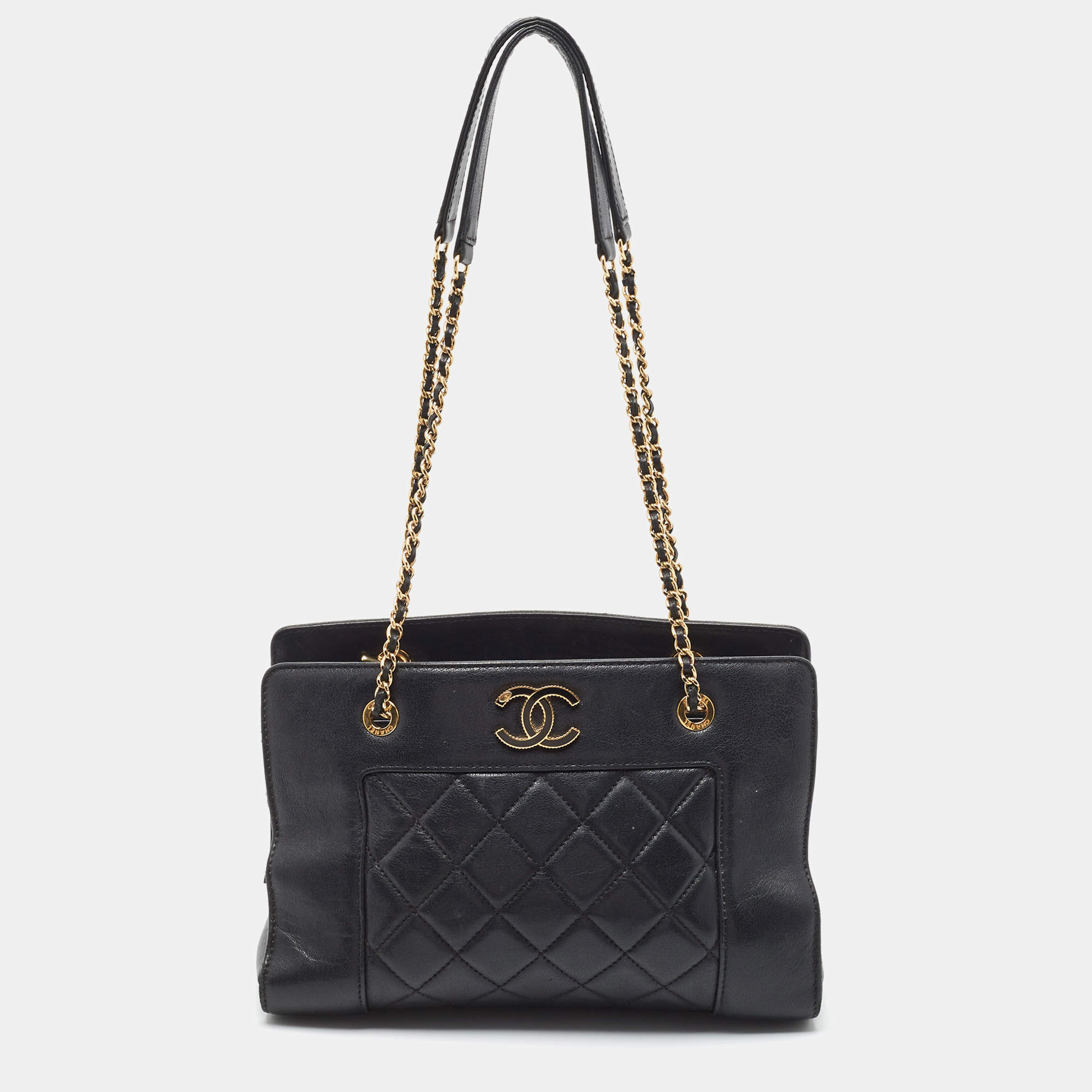 Pre Owned Chanel Black Quilted Leather CC Chain Tote