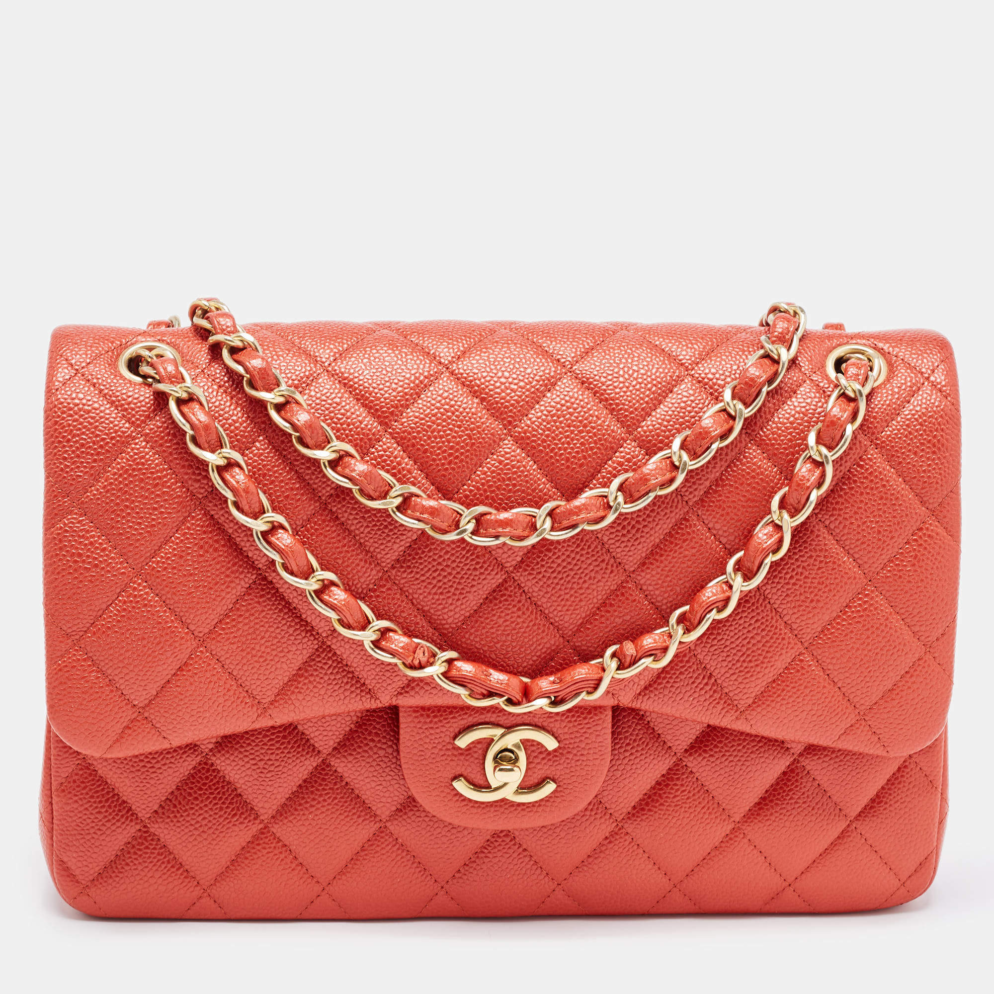 Pre Owned Chanel Orange Quilted Pearly Caviar Leather Jumbo Classic Double Flap Bag