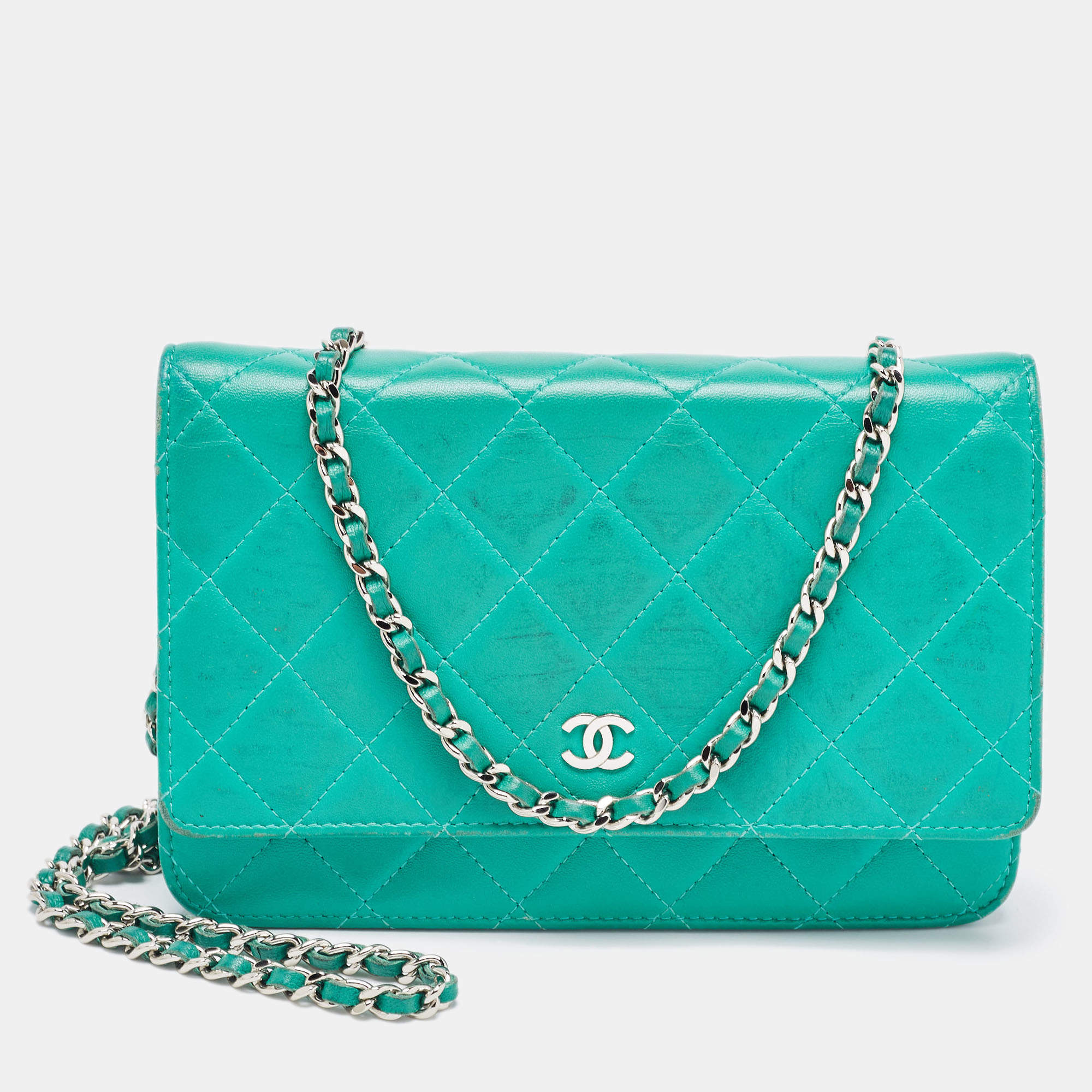 Chanel Green Leather CC Wallet On Chain 