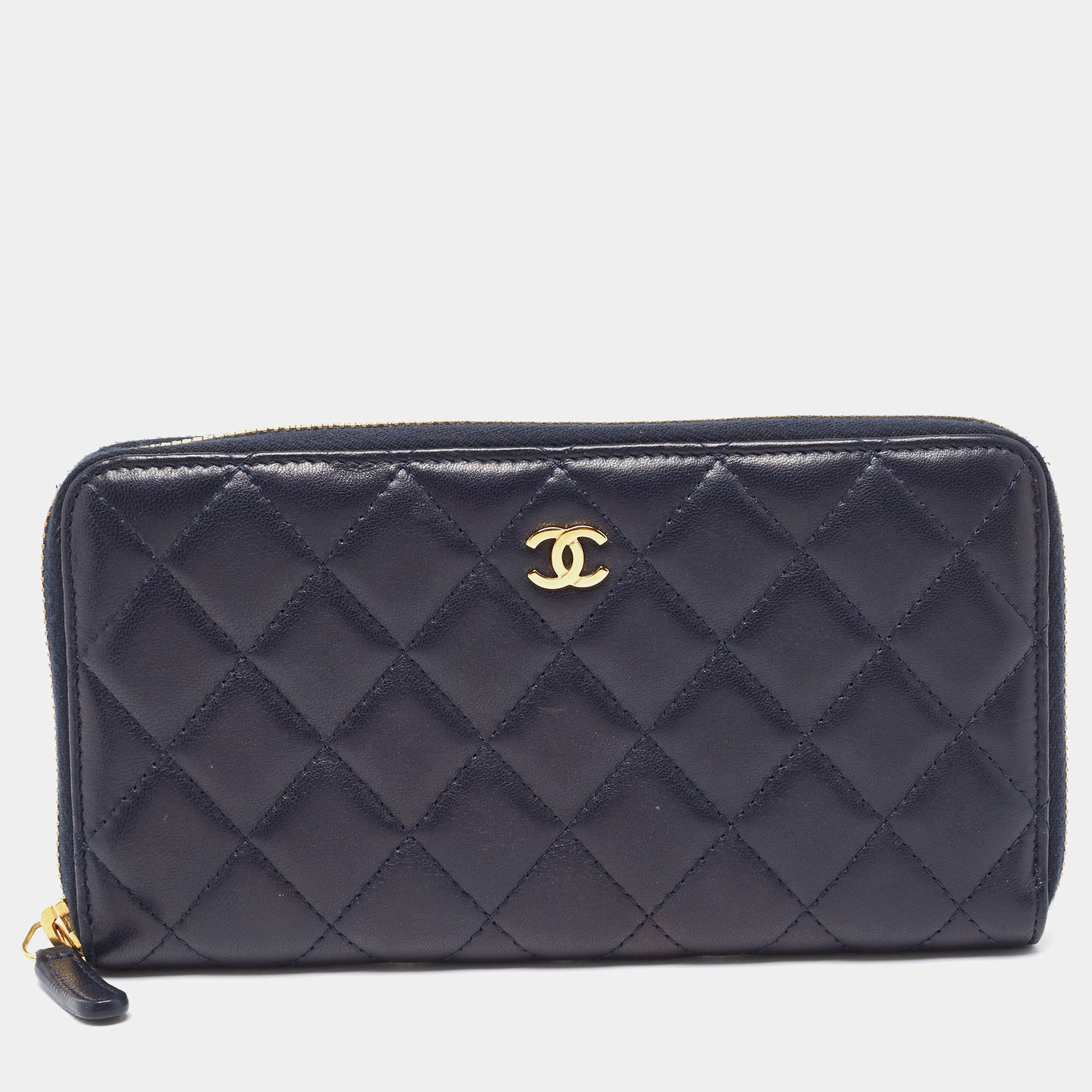 Chanel Navy Blue Quilted Leather CC Zip Around Wallet 