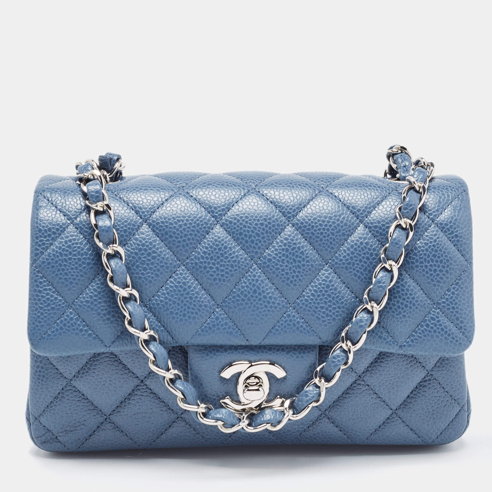 Pre Owned Chanel Blue Quilted Caviar Leather Mini Rectangle Classic Single Flap Bag