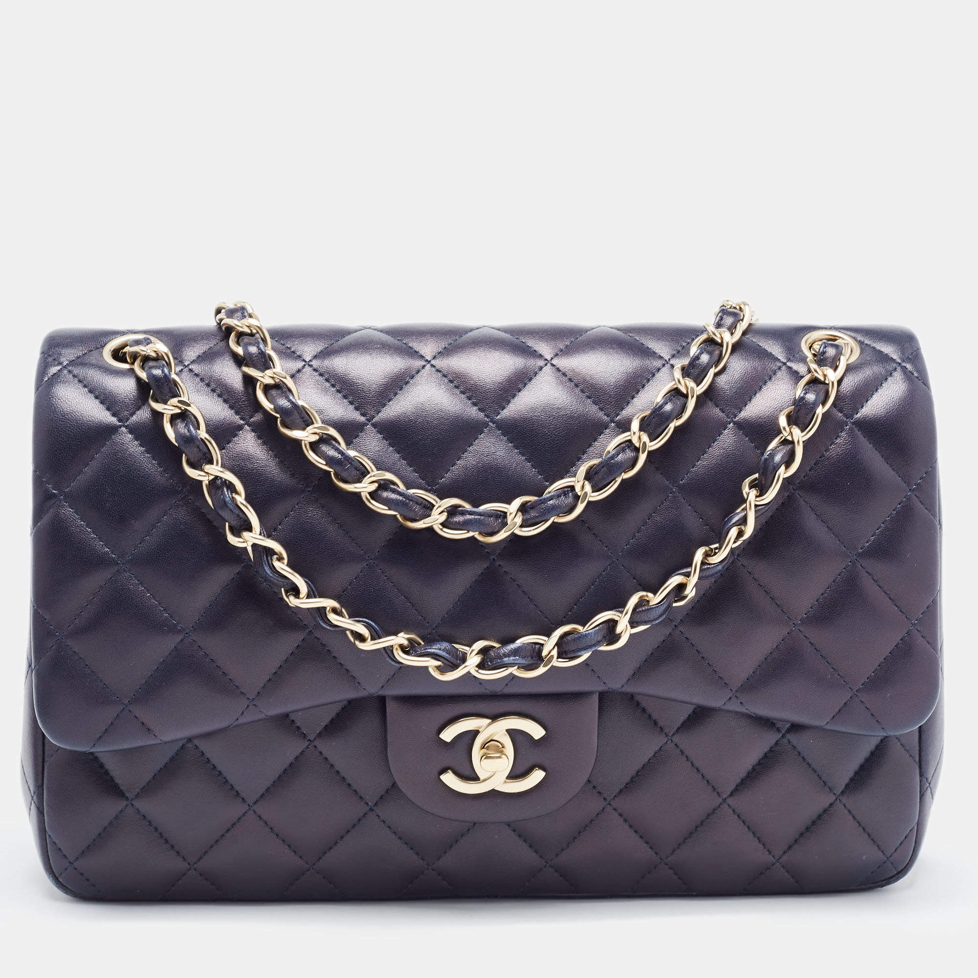 Pre Owned Chanel Navy Blue Quilted Leather Jumbo Classic Double Flap Bag