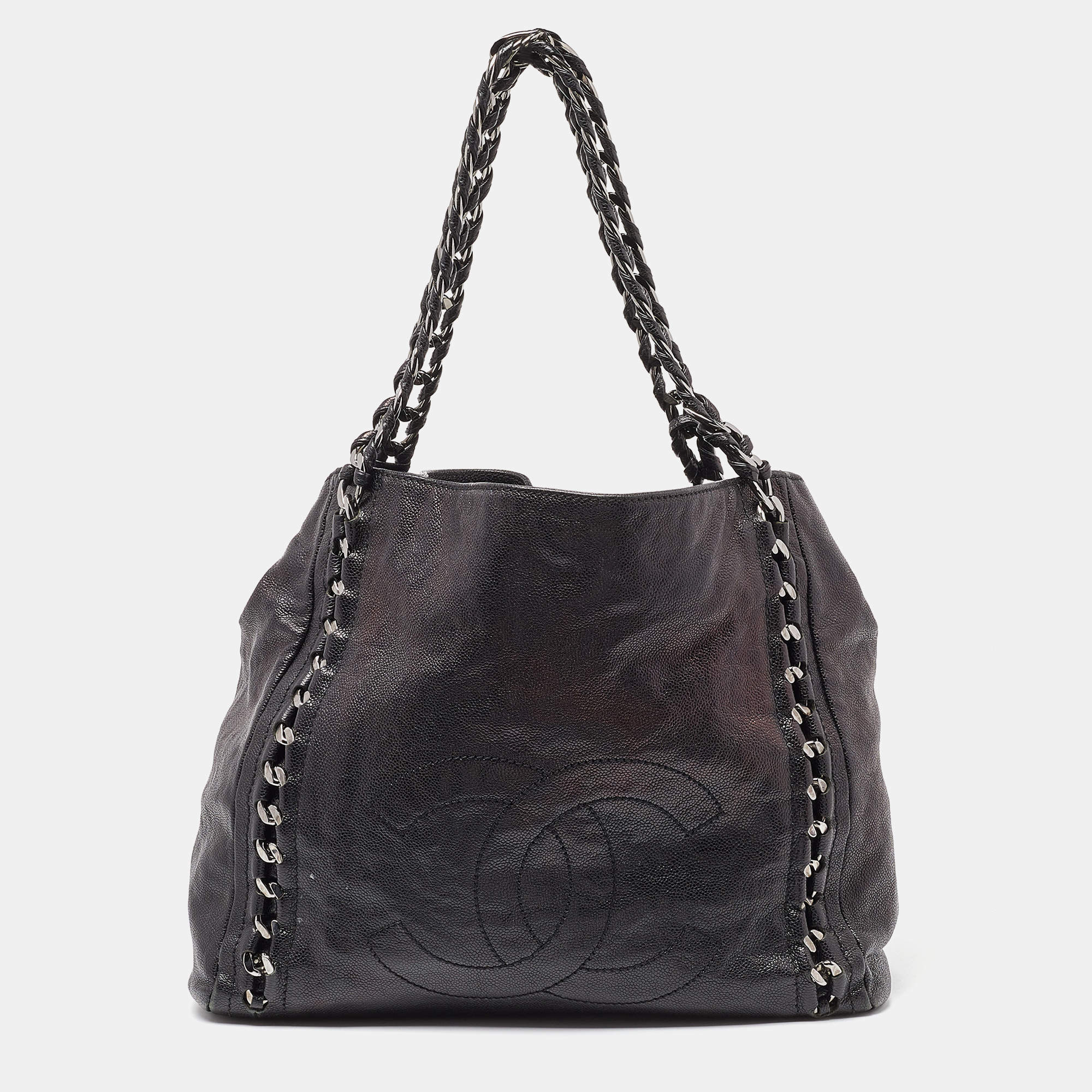 Pre Owned Chanel Black Leather Modern Chain North/South Tote
