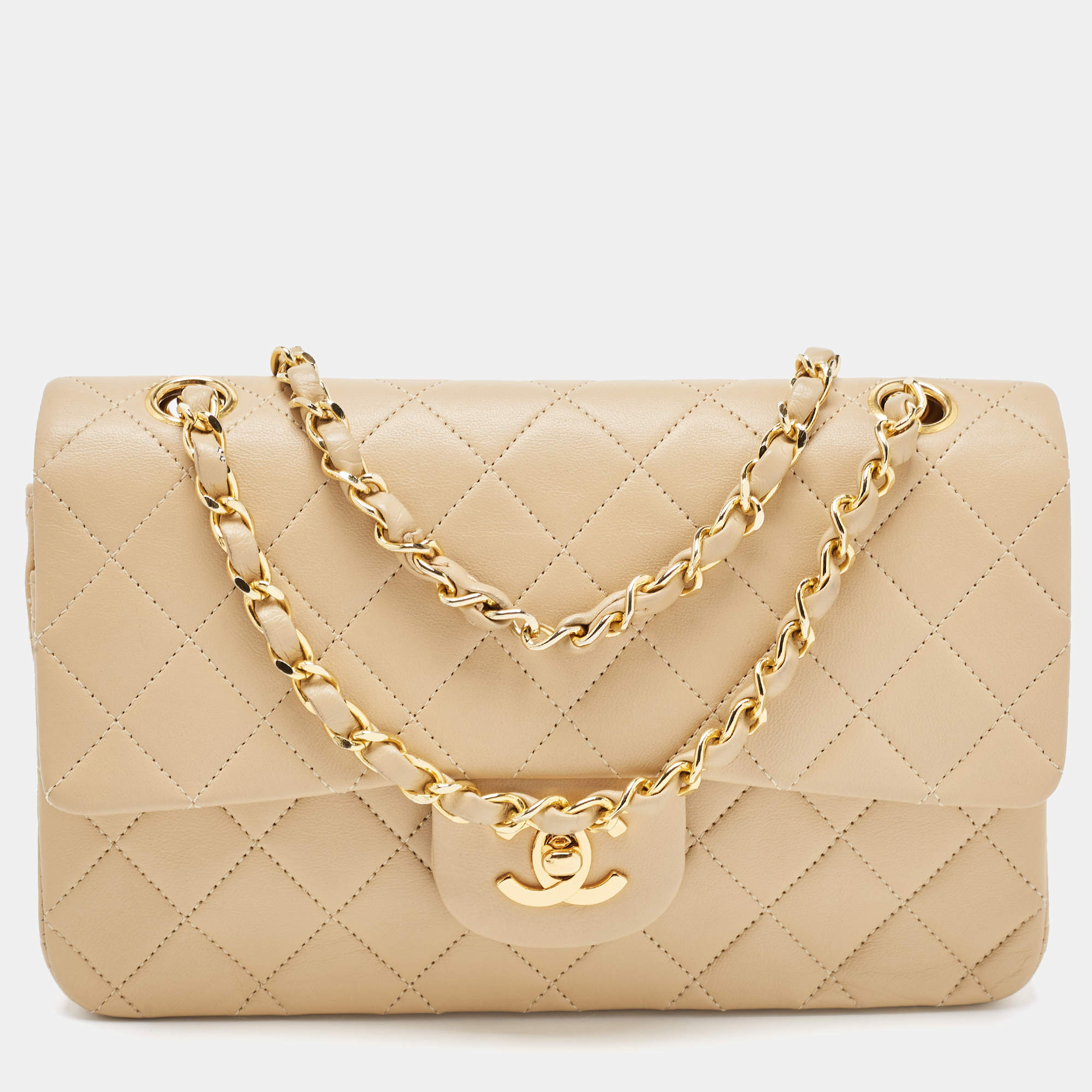 Pre Owned Chanel Beige Quilted Leather Small Classic Double Flap Bag