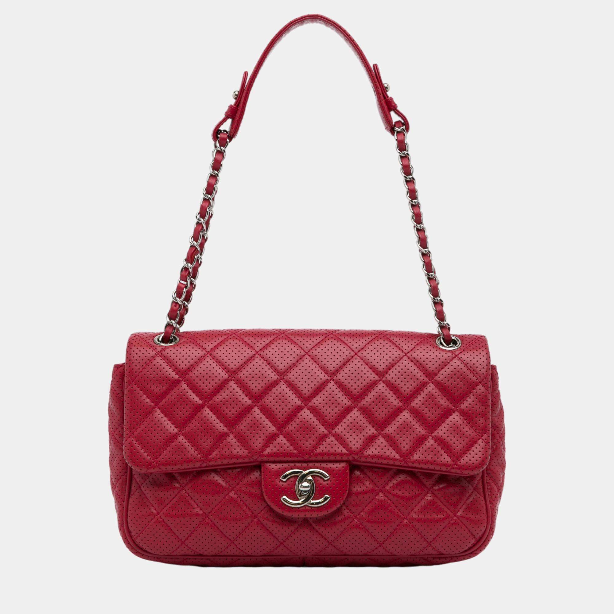 Chanel Red Jumbo Classic Perforated Lambskin Single Flap Chanel