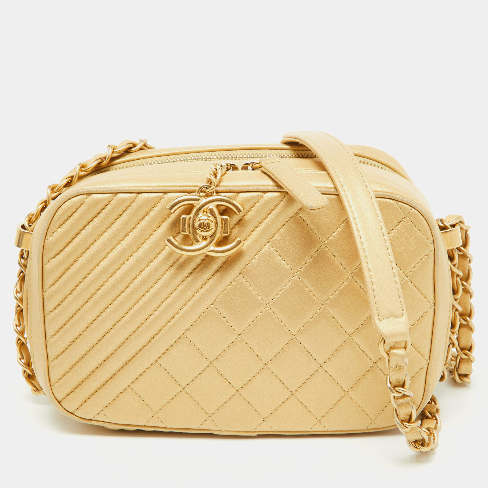 Pre Owned Chanel Gold Quilted Leather Small Coco Boy Camera Crossbody Bag