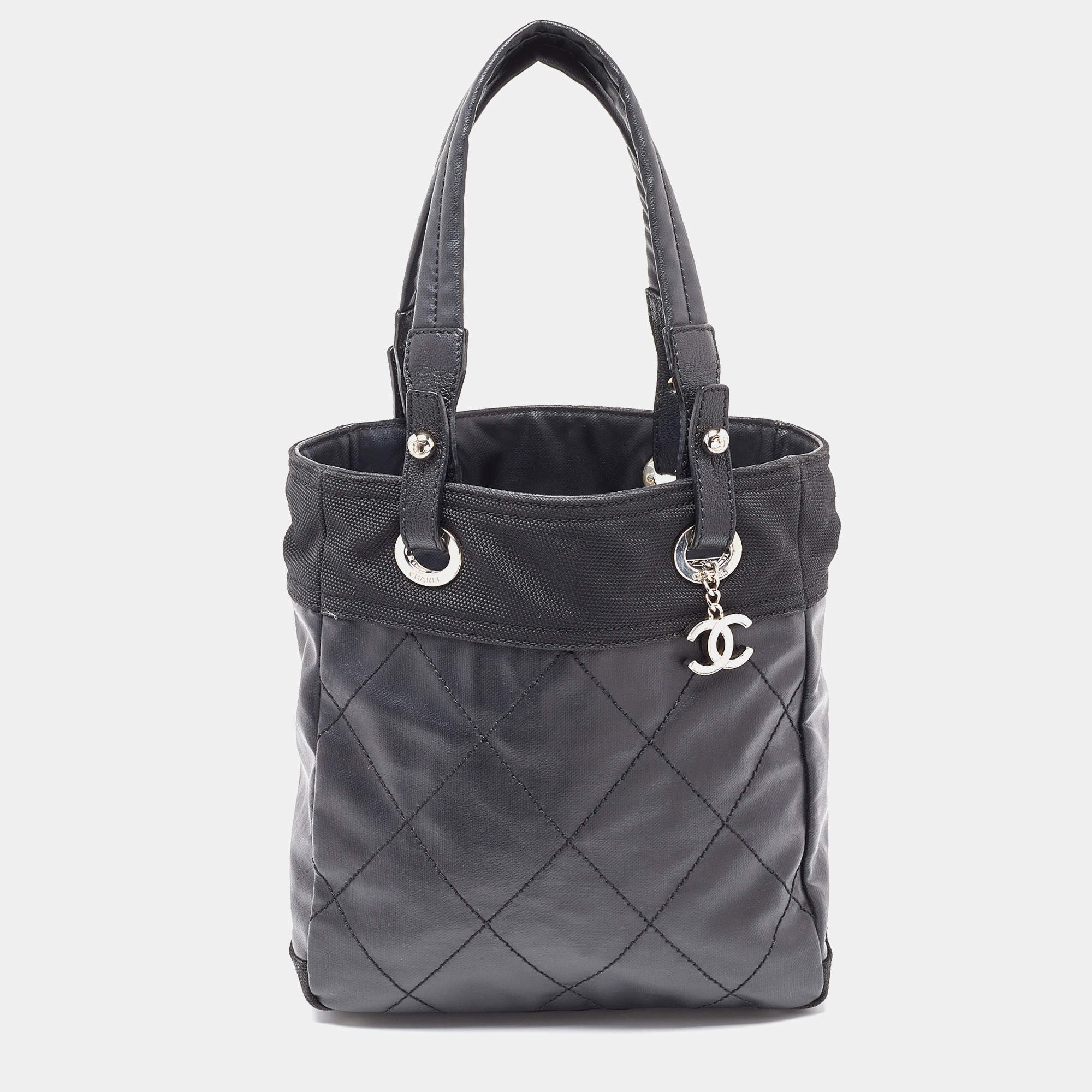Pre Owned Chanel Black Quilted Vinyl and Canvas Petite Paris Biarritz Bag