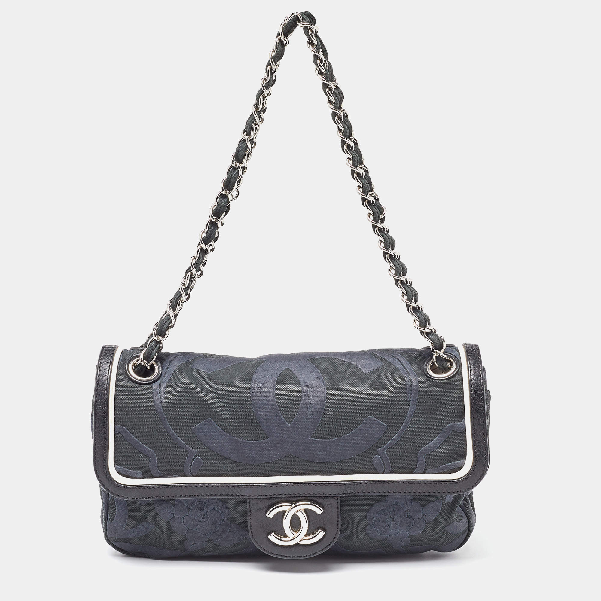 Pre Owned Chanel Tri Color CC Logo Camellia Embossed Canvas and Leather East West Flap Bag