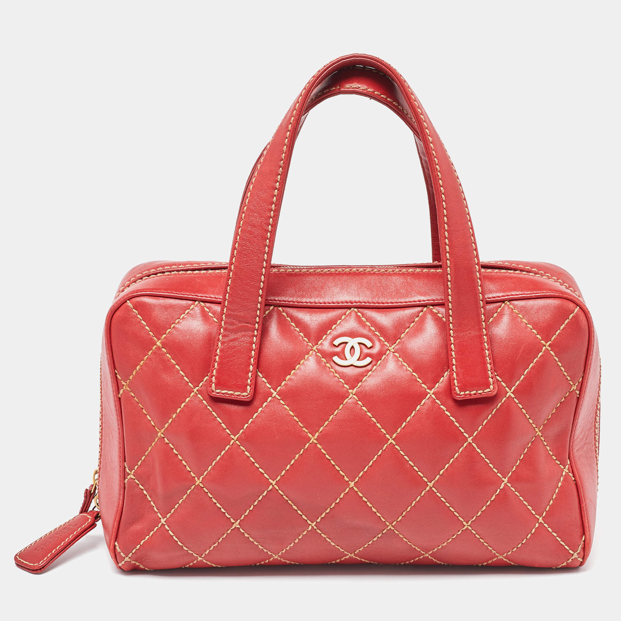Pre Owned Chanel Red Quilted Leather Surpique Bowler Bag