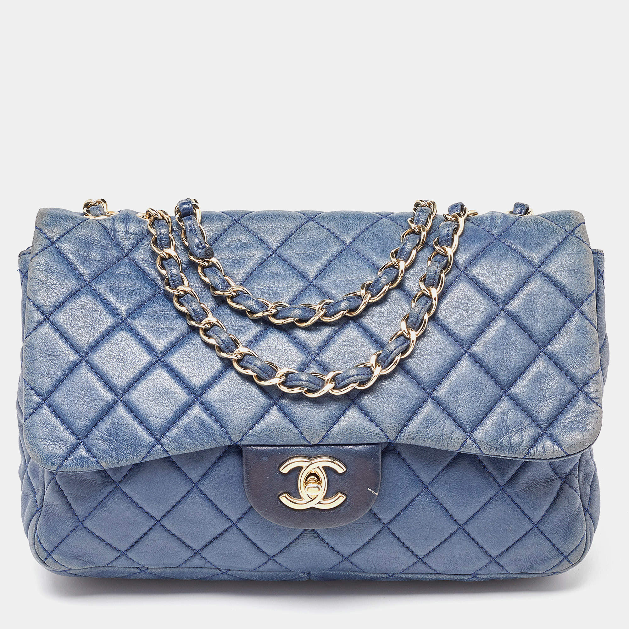 Pre Owned Chanel Blue Quilted Lambskin Leather Jumbo Classic Single Flap Bag