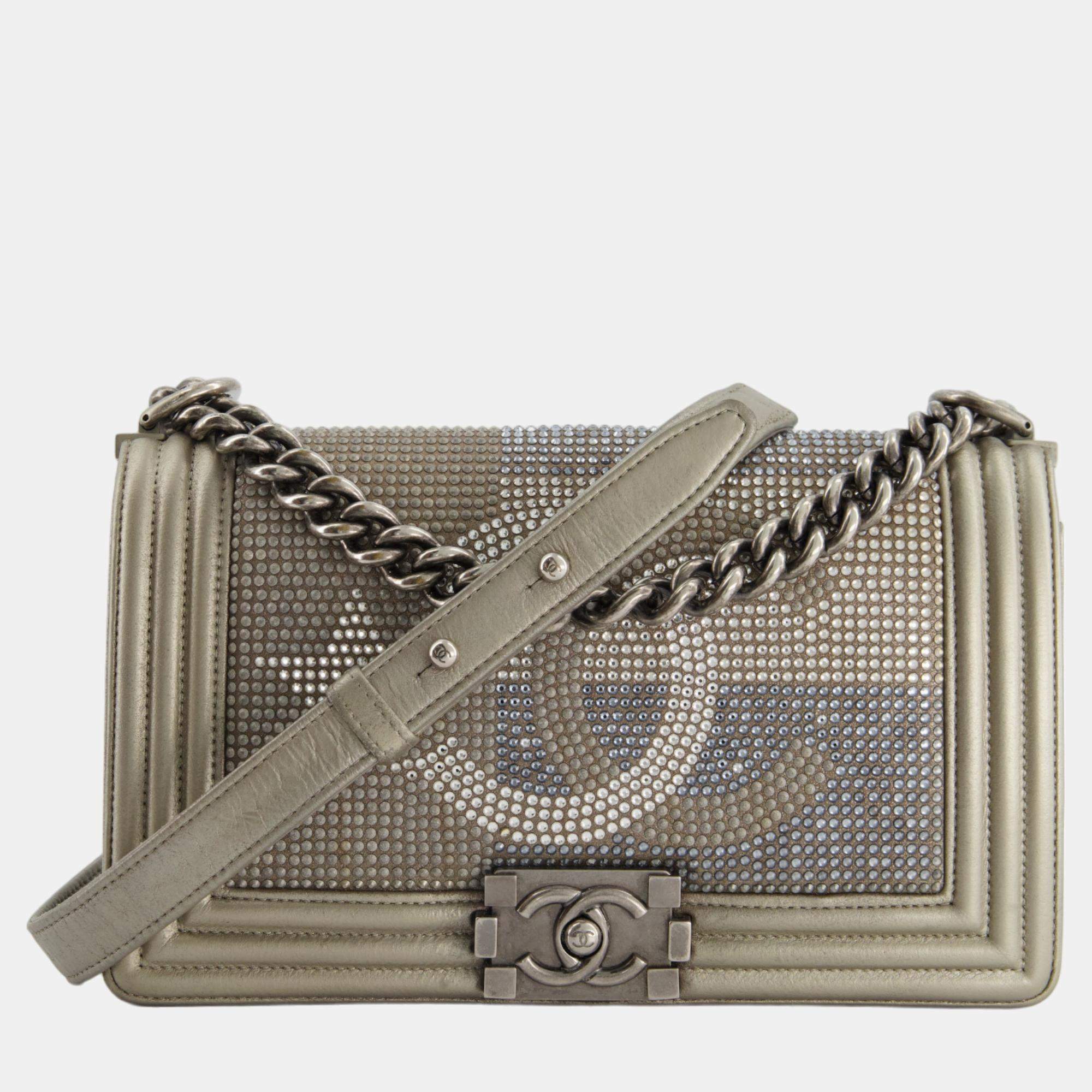 Chanel Medium Boy Bag in Gold Metallic Sequin CC Star Print with Silver Hardware