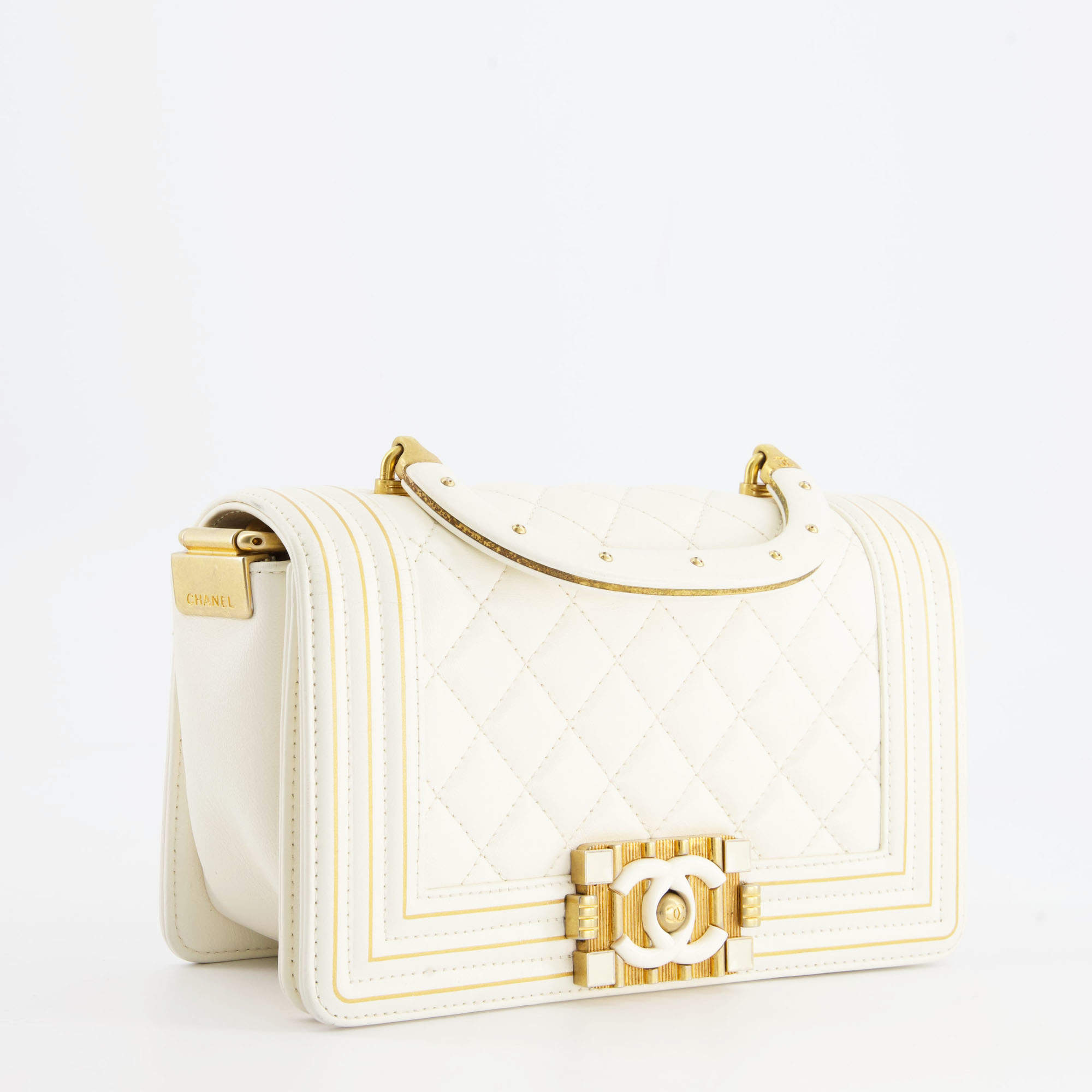 White chanel boy bag gold 2024 hardware