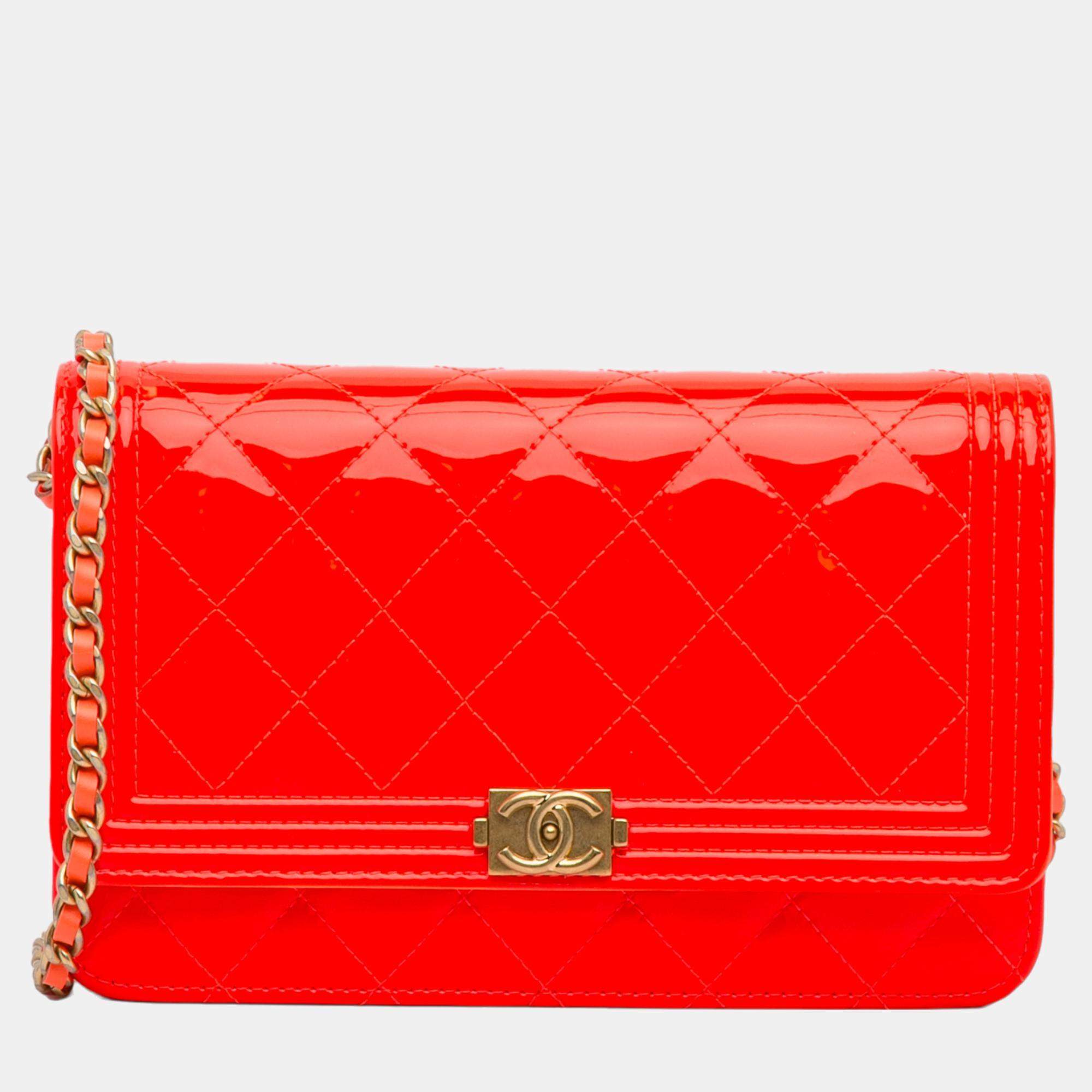 Pre Owned Chanel Red Patent Boy Wallet on Chain