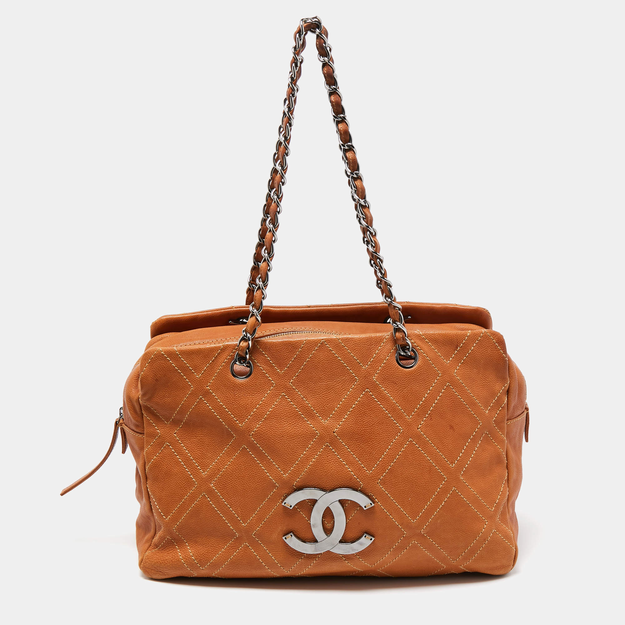 Pre Owned Chanel Tan Leather Triple Compartment Chain Shoulder Bag