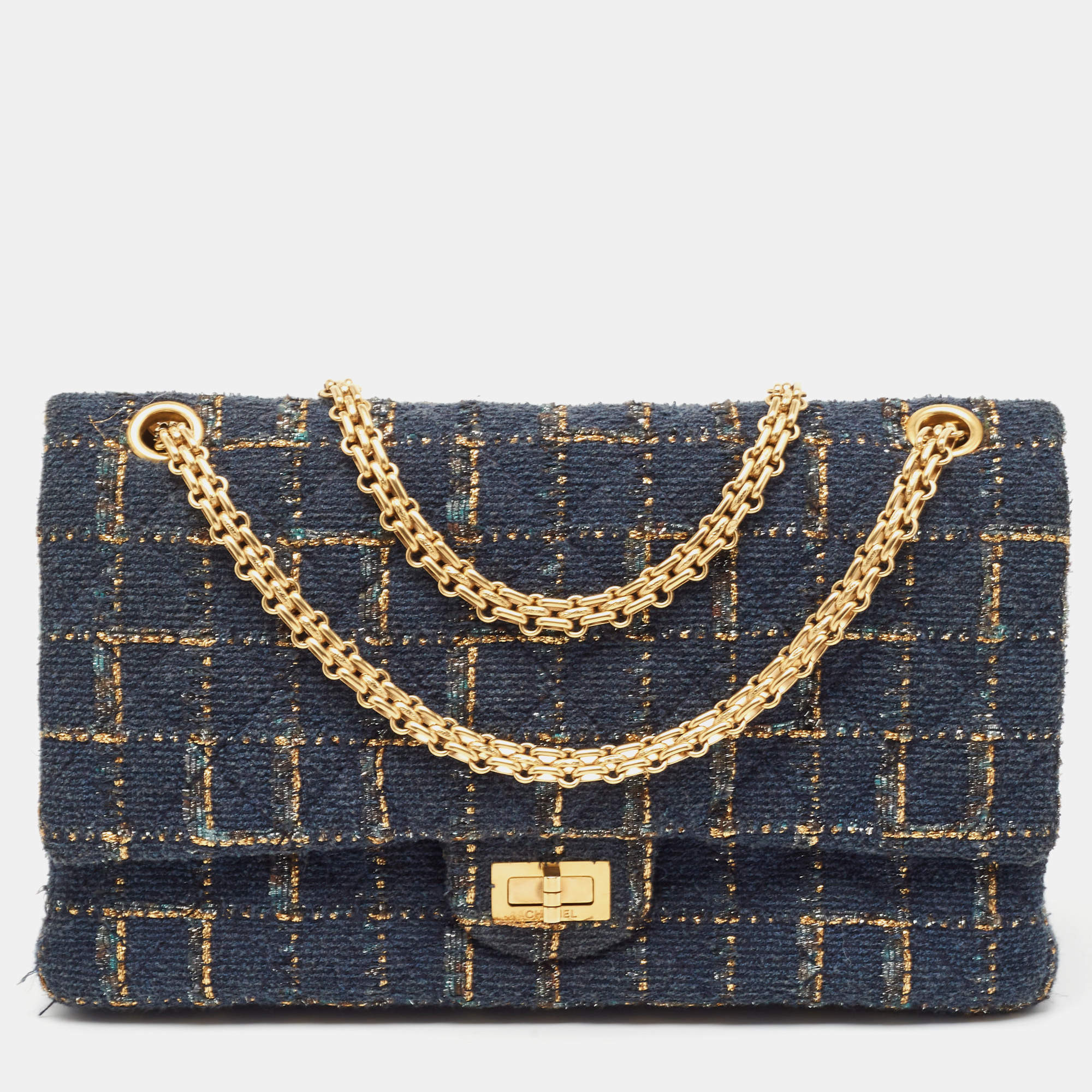 Pre Owned Chanel Blue/Gold Tweed Reissue 2.55 Icons Mademoiselle Double Flap Bag