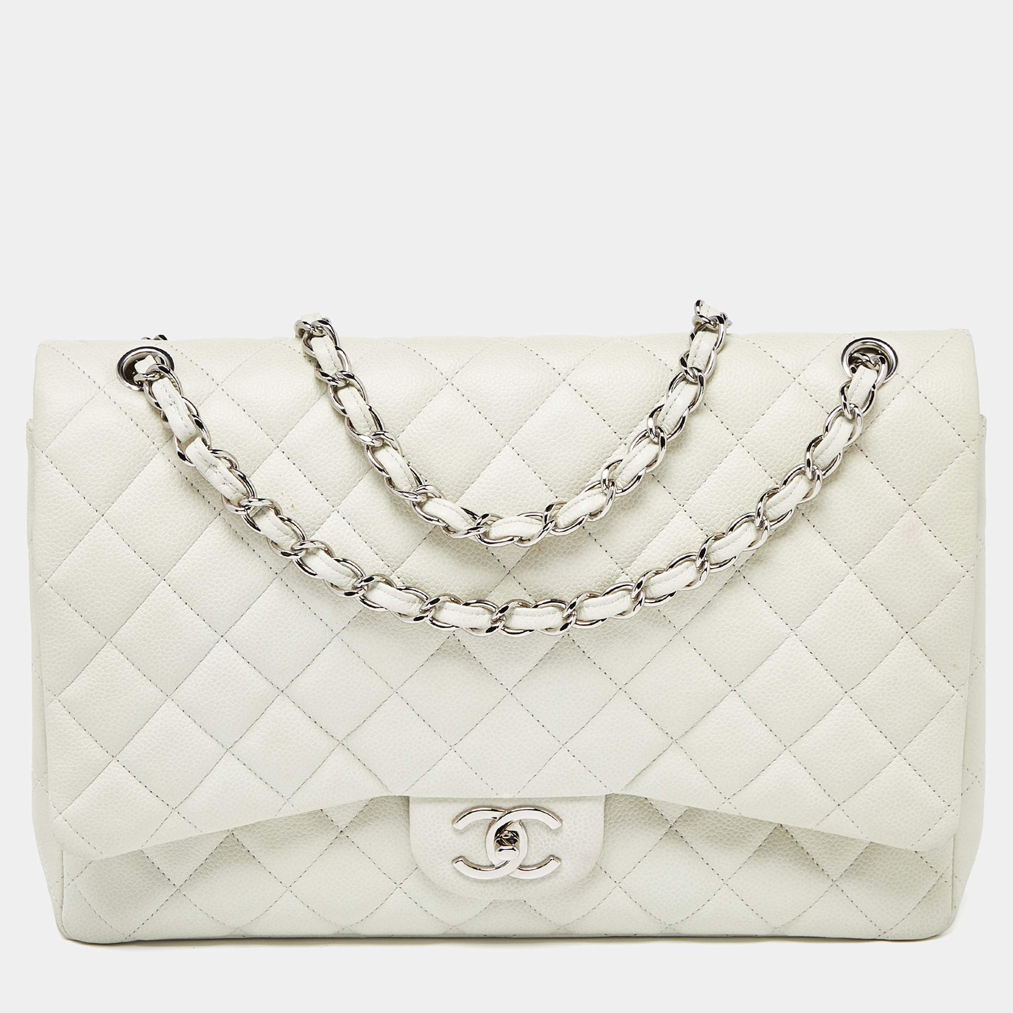 Pre Owned Chanel Off White Quilted Caviar Leather Maxi Classic Double Flap Bag