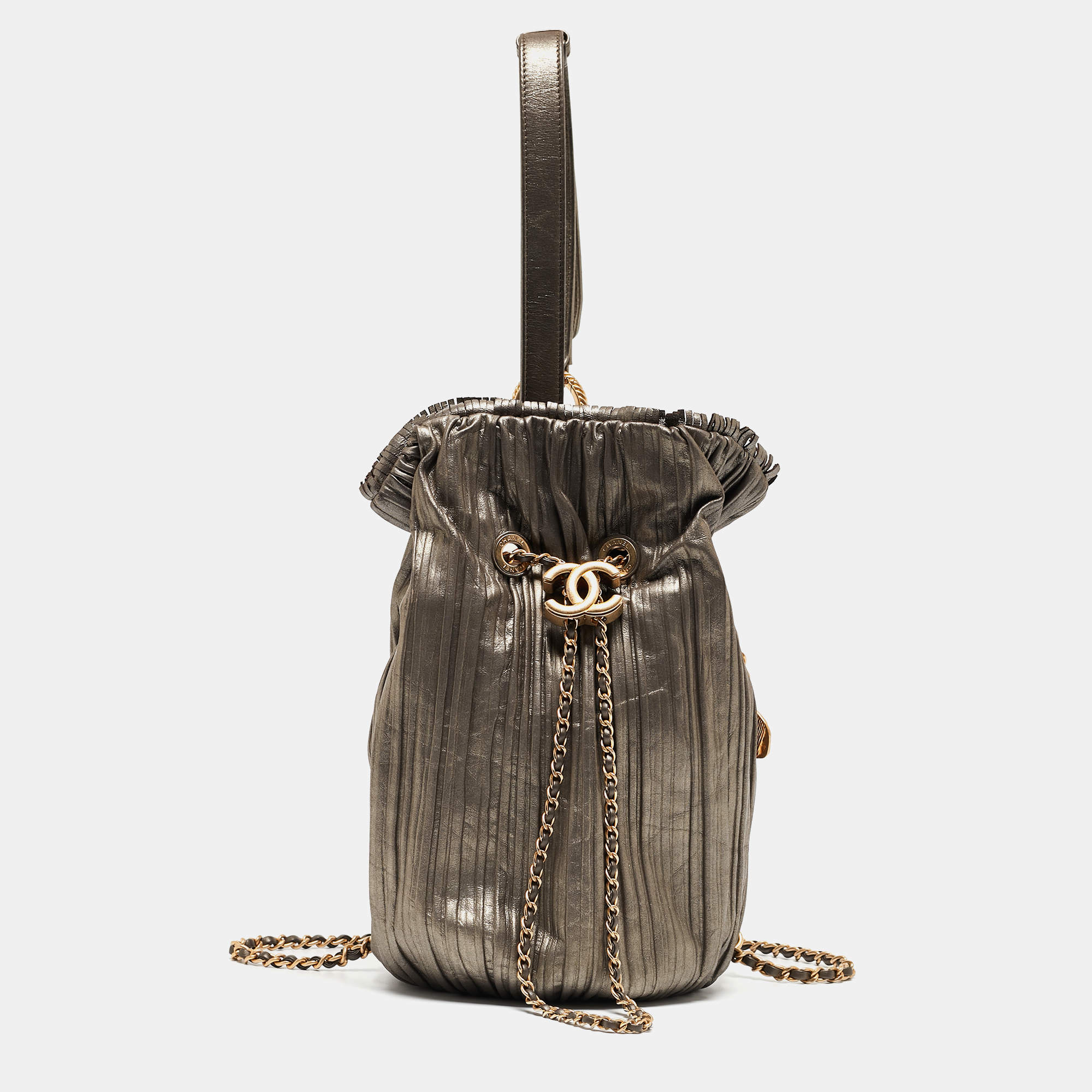 Pre Owned Chanel Gun Metal Leather Coco Pleats Backpack