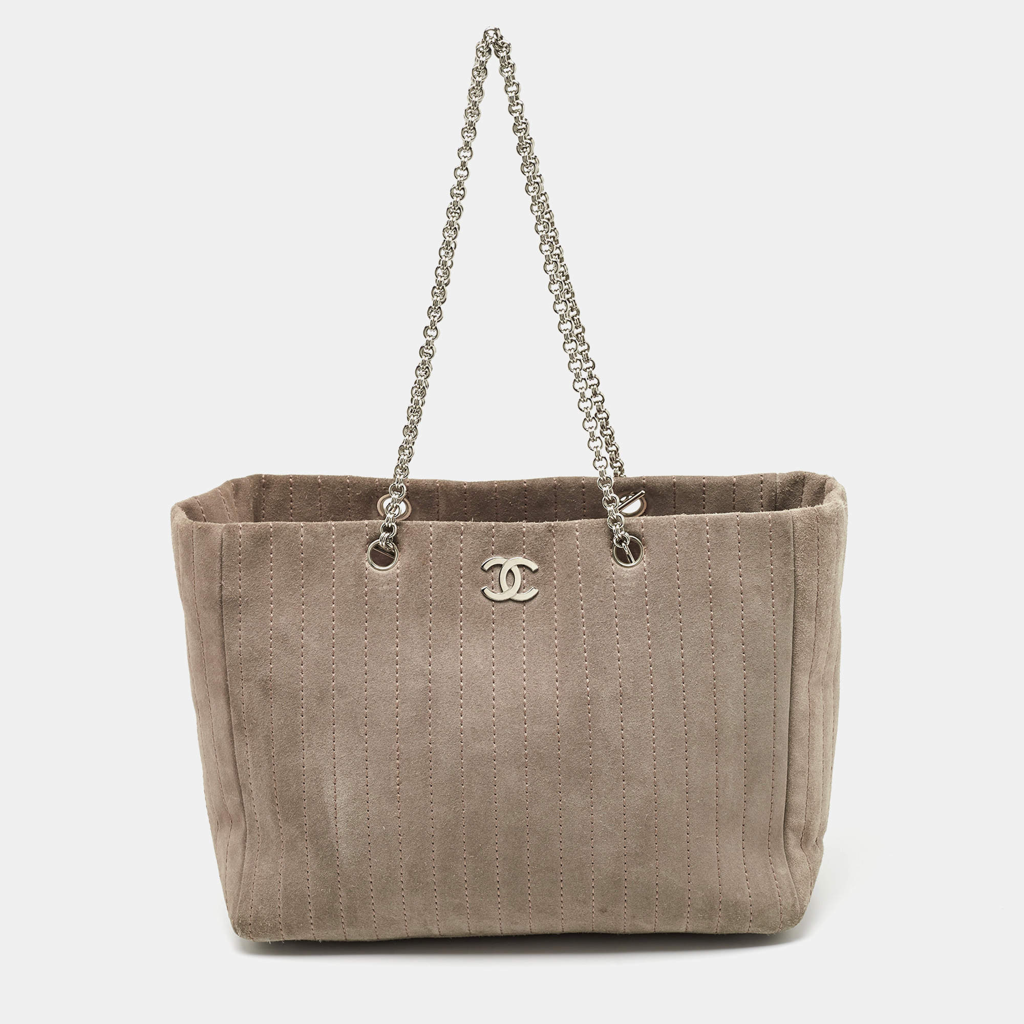 Pre Owned Chanel Grey Vertical Quilted Suede Large Mademoiselle Tote