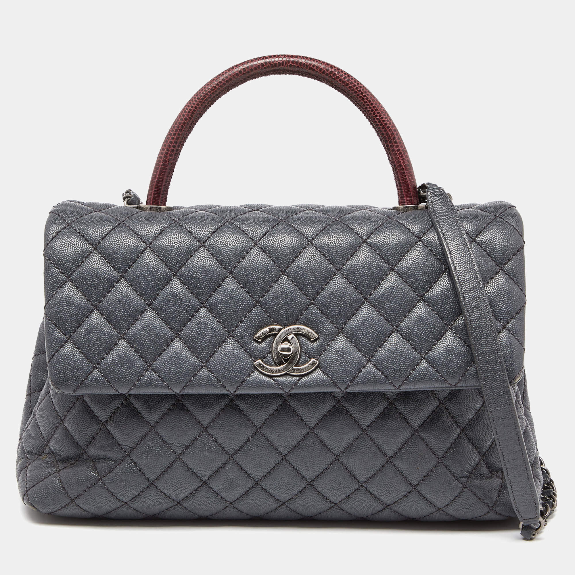 Pre Owned Chanel Grey/Red Caviar Leather and Lizard Leather Medium Coco Top Handle Bag