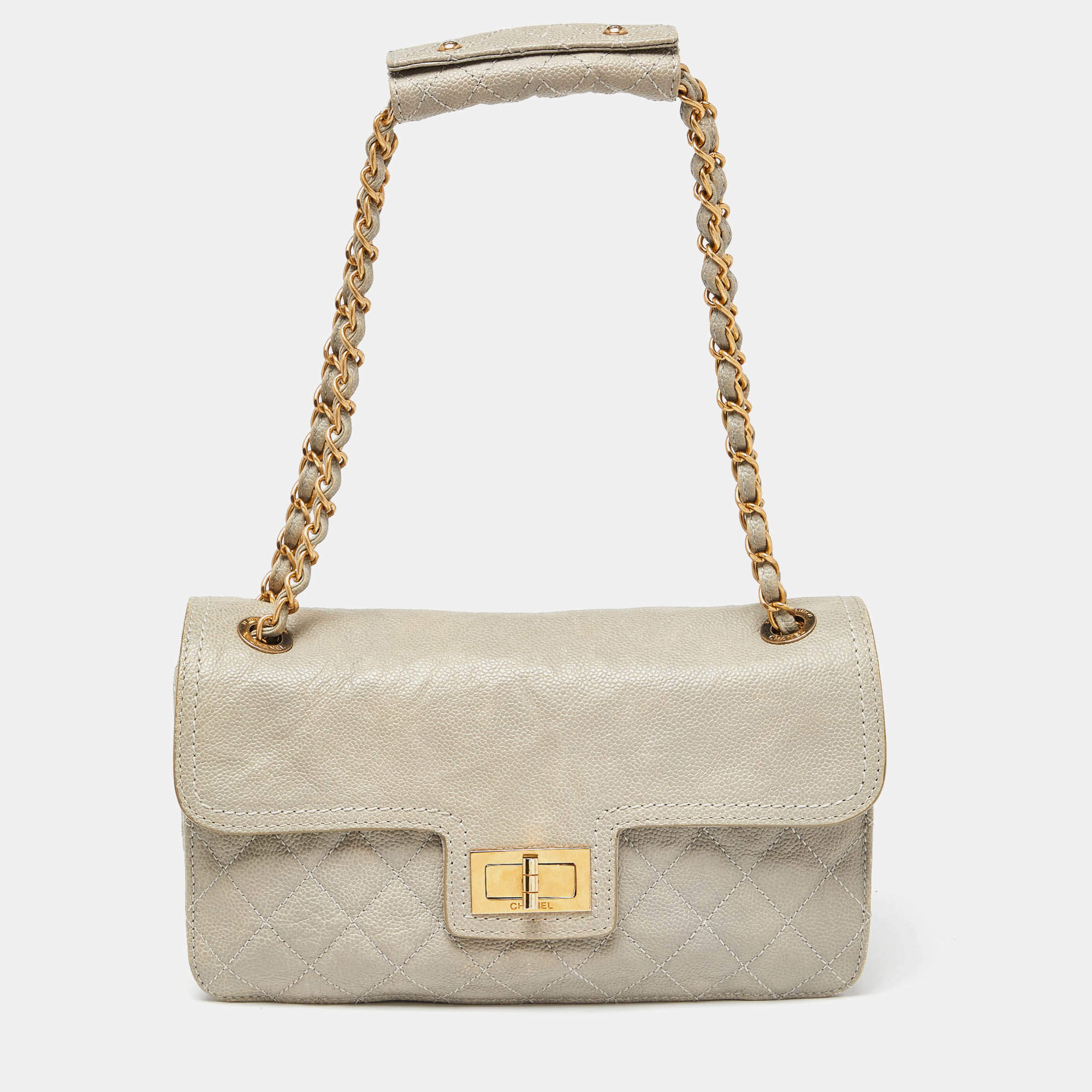 Pre Owned Chanel Grey Quilted Caviar Leather Reissue Flap Shoulder Bag
