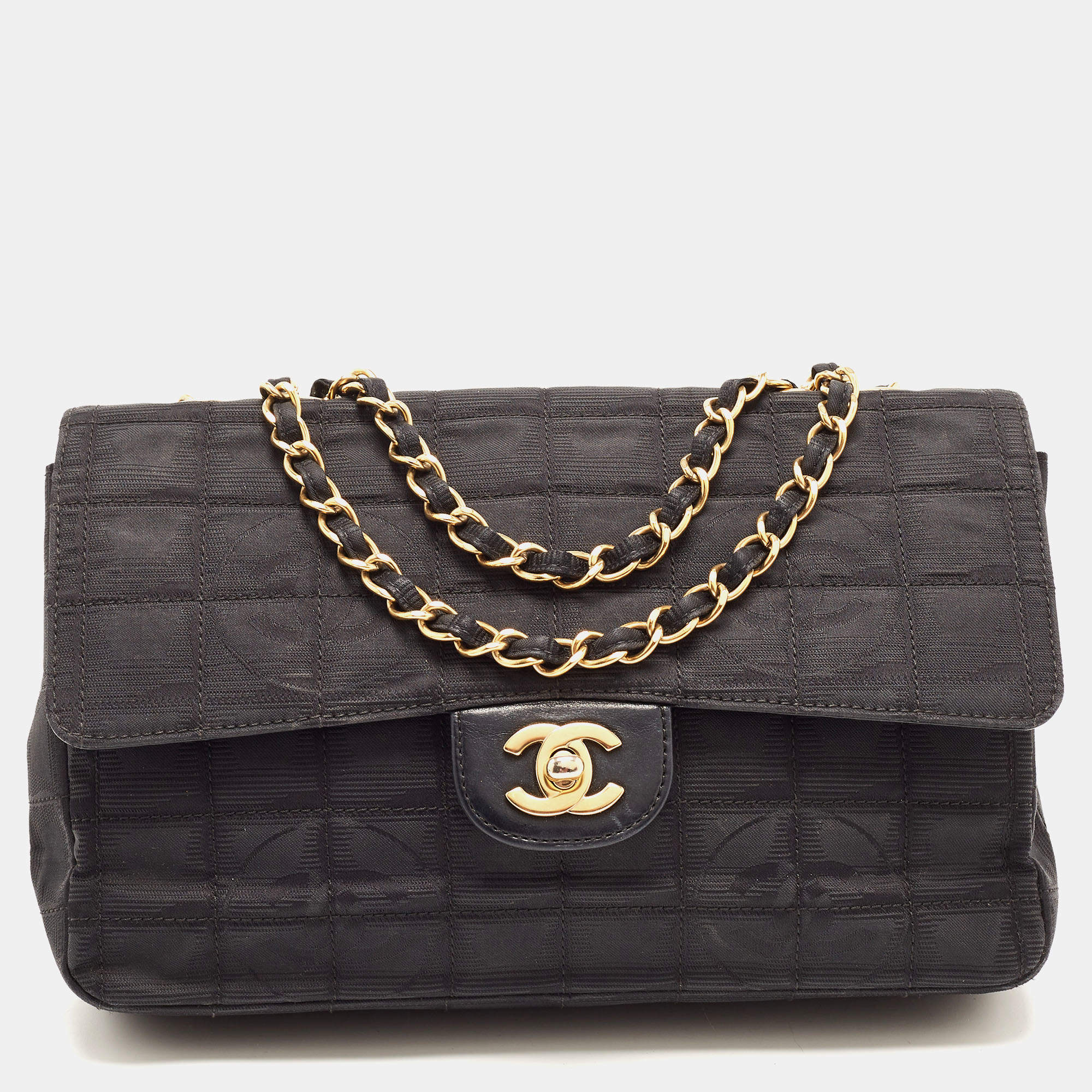 Pre Owned Chanel Black Cube Quilted Printed Fabric Medium CC Travel Line Flap Bag