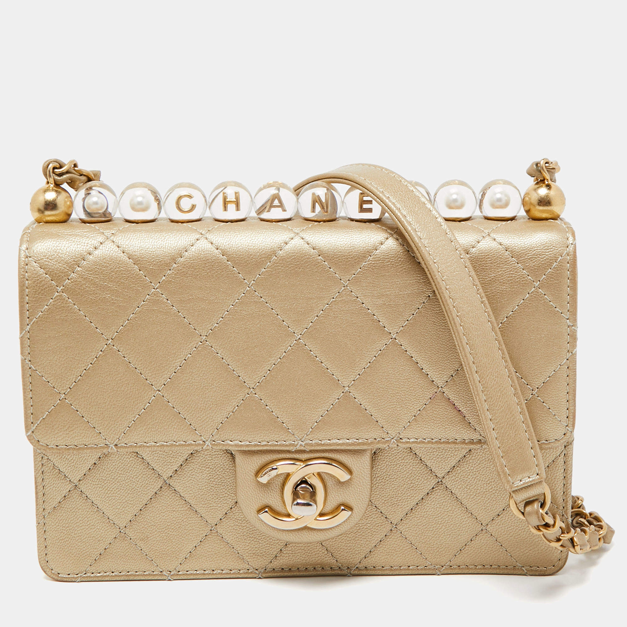 Pre Owned Chanel Gold Quilted Leather Small Chic Pearls Flap Bag