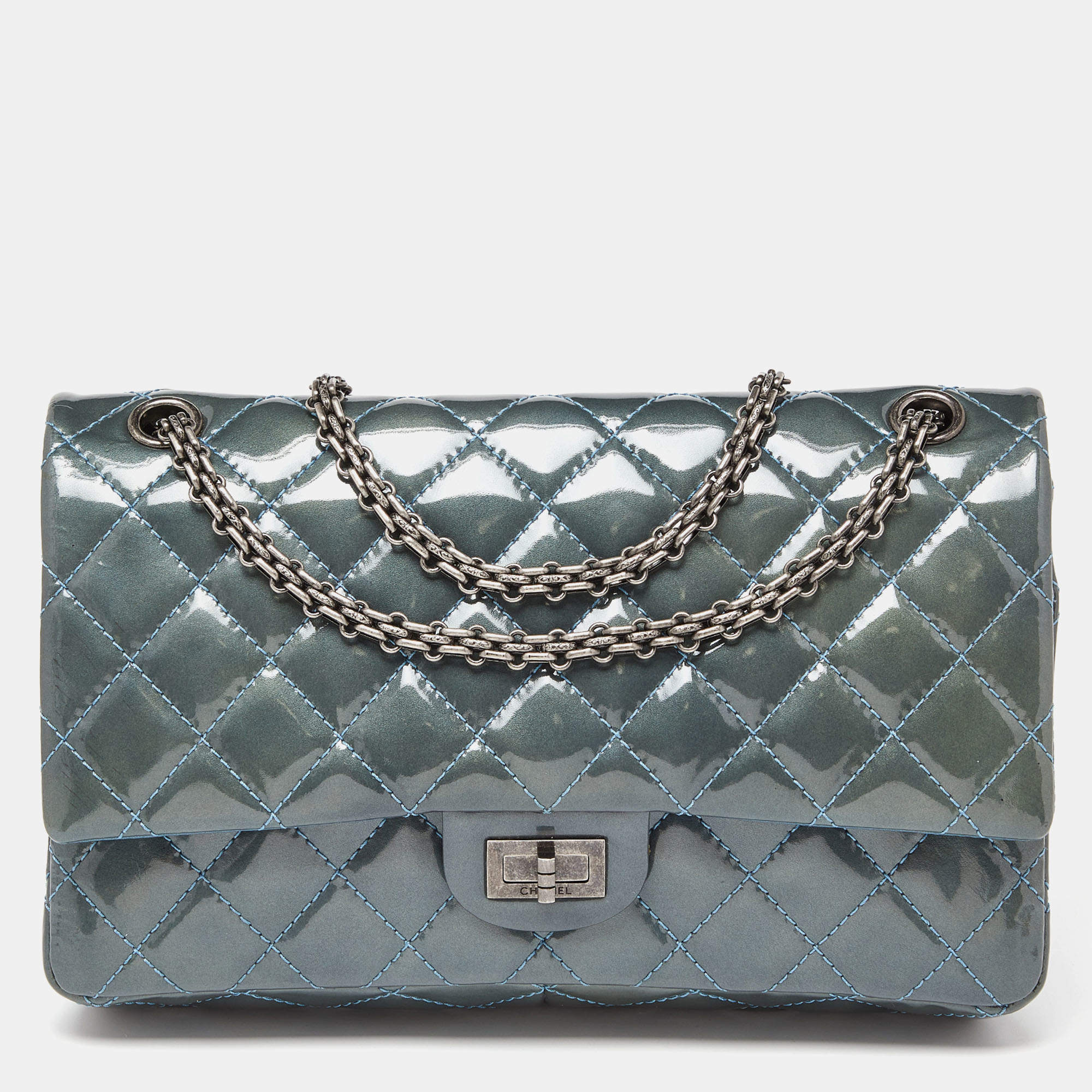 Pre Owned Chanel Teal Blue Quilted Patent Leather Classic 226 Reissue 2.55 Flap Bag