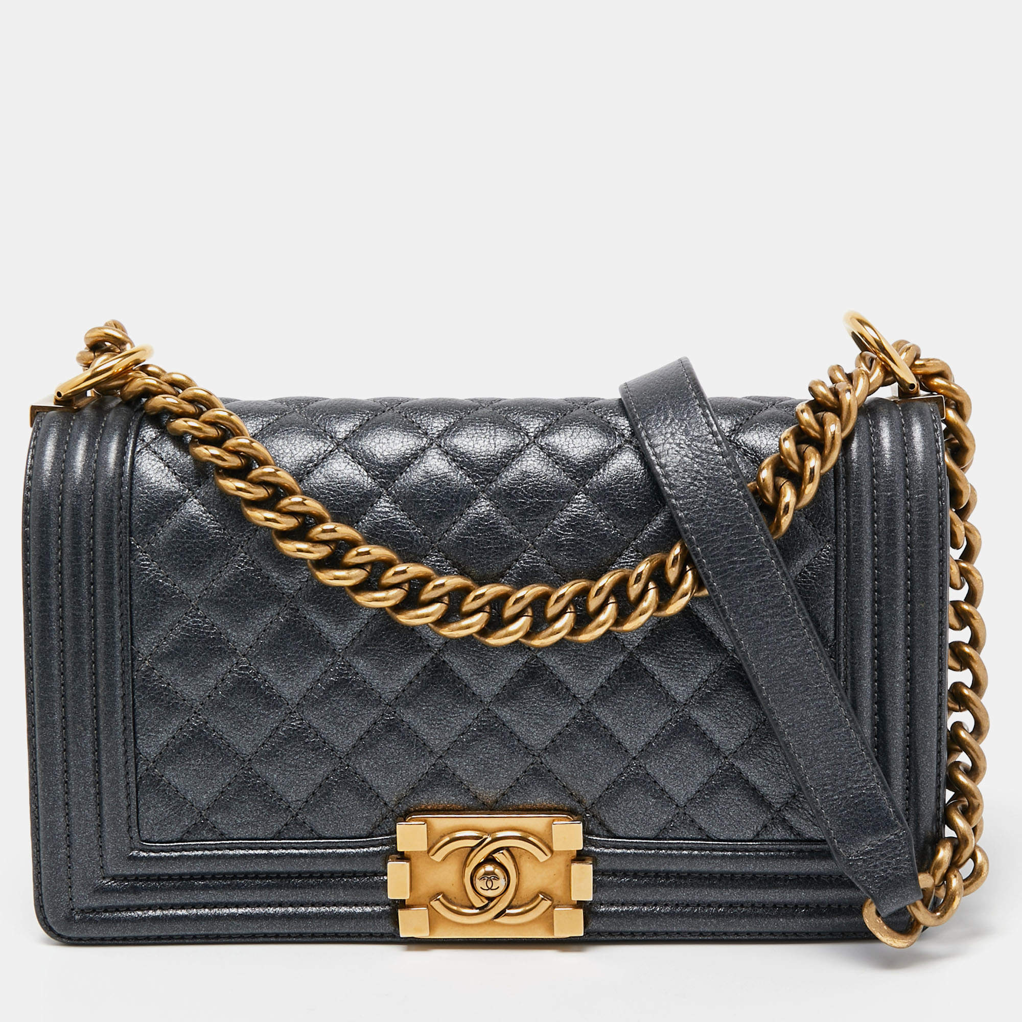 Pre Owned Chanel Dark Grey Shimmer Leather Medium Boy Bag