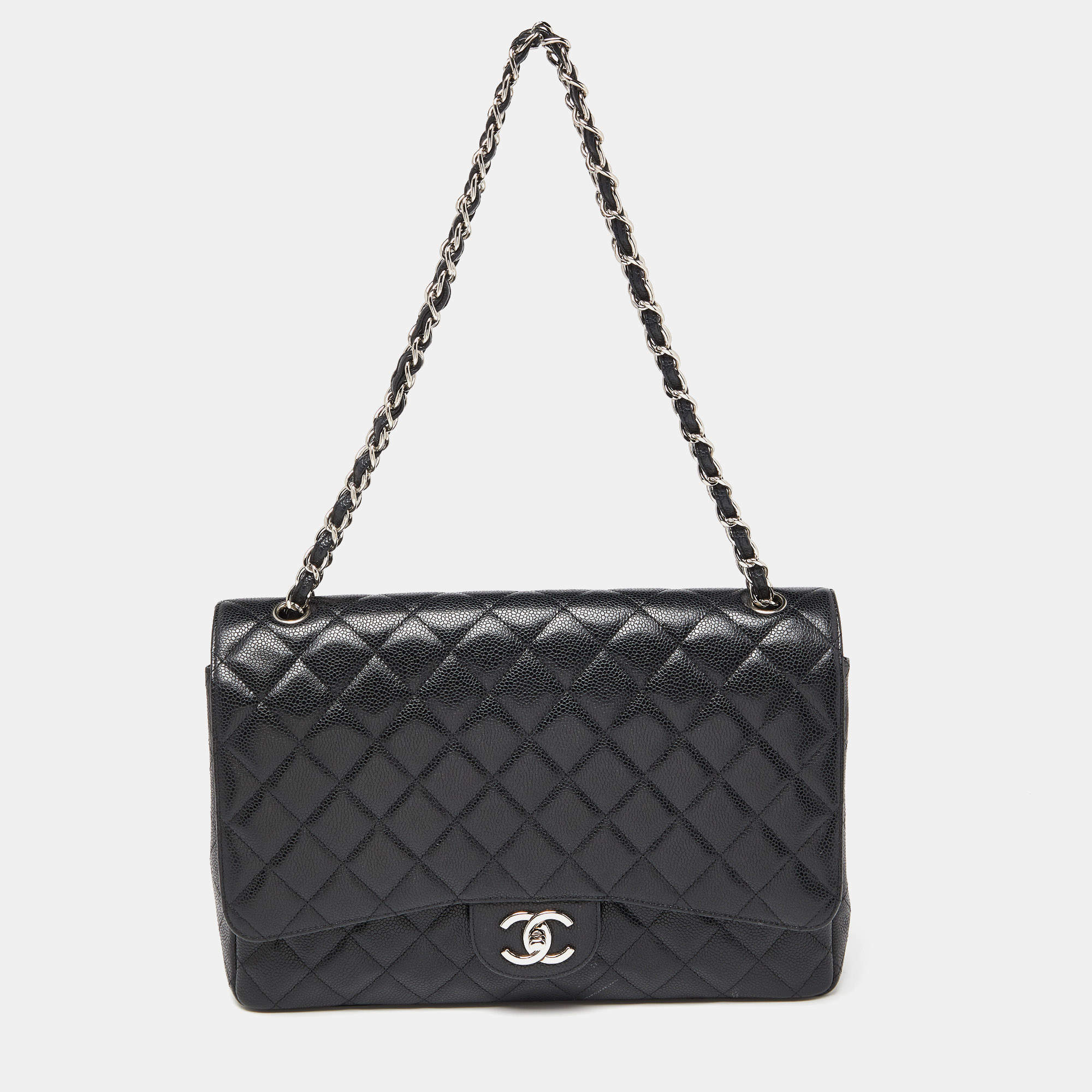 Pre Owned Chanel Black Quilted Caviar Leather Maxi Classic Double Flap Bag