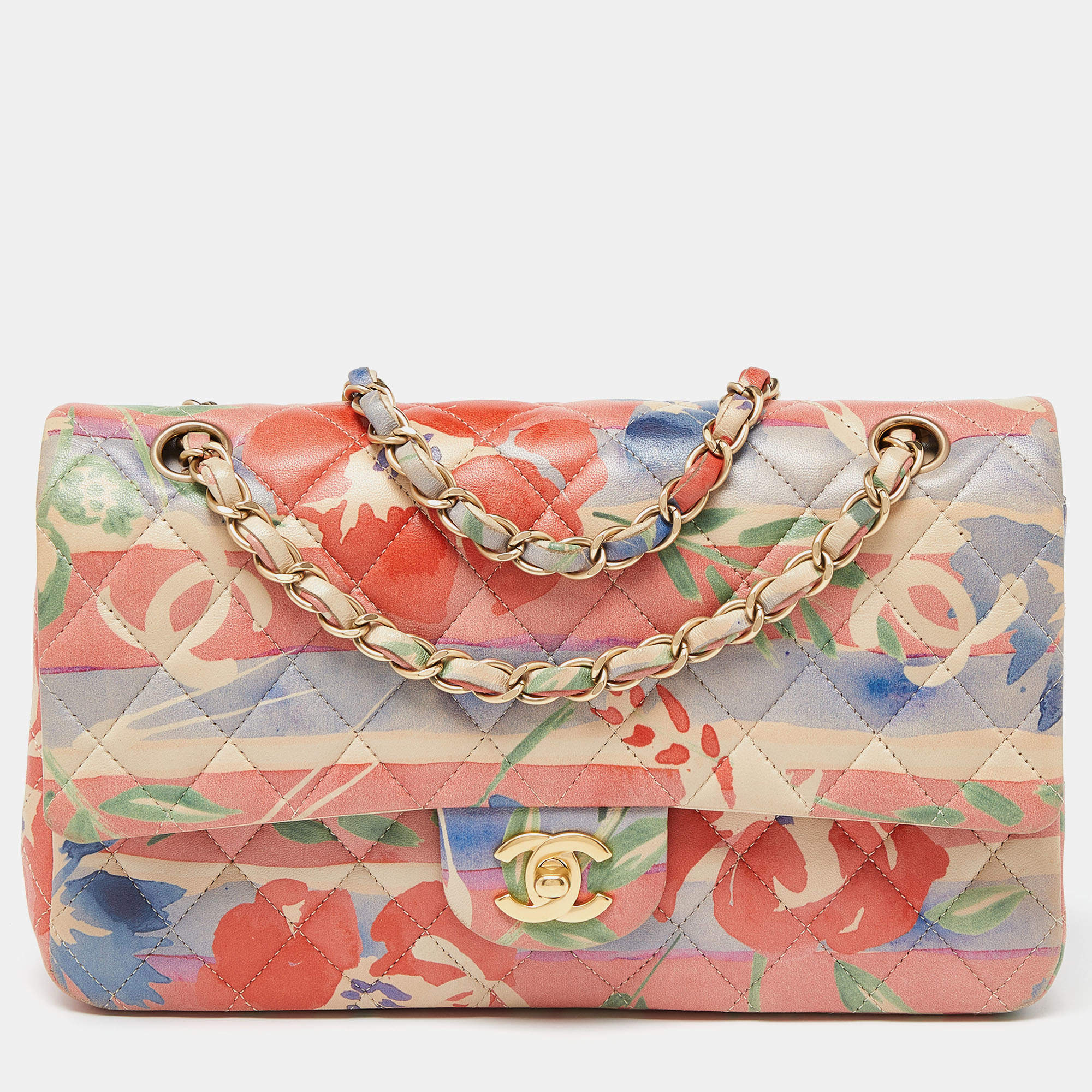 Pre Owned Chanel Multicolor Quilted Floral Print Leather Medium Classic Double Flap Bag