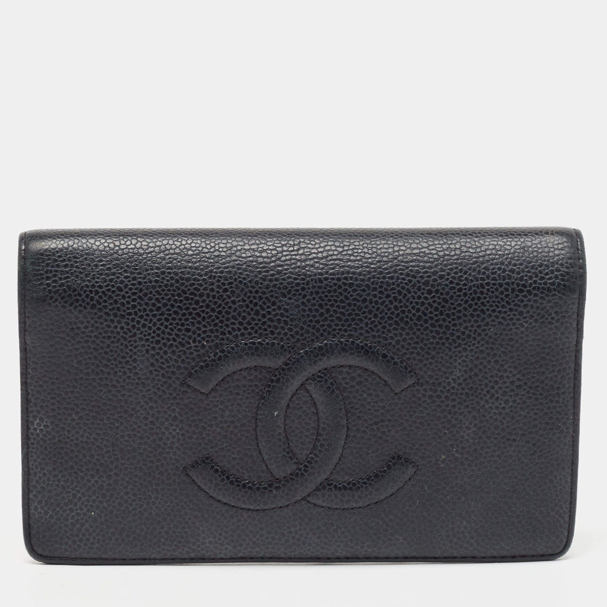 Pre Owned Chanel Navy Blue Leather CC Timeless Wallet