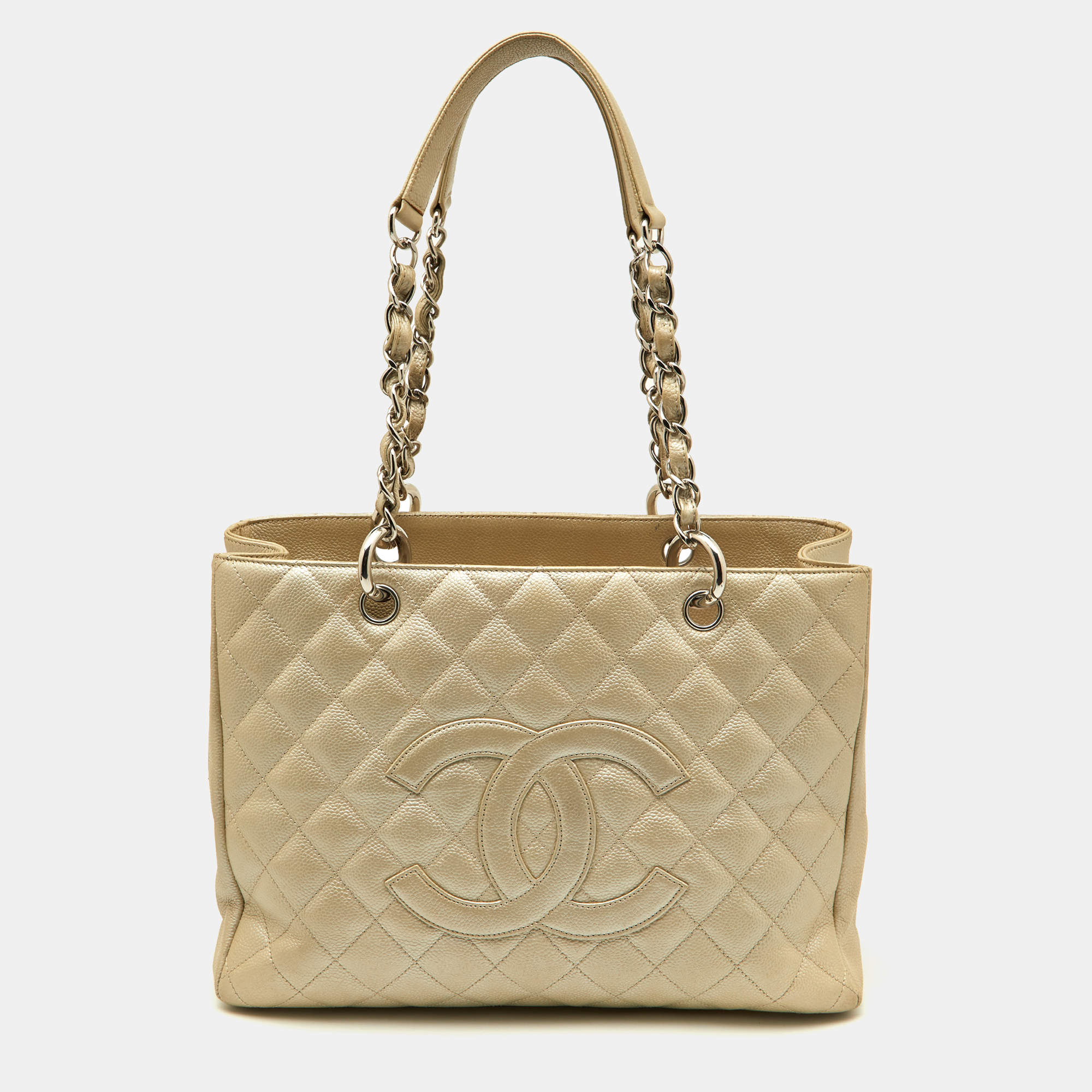 Pre Owned Chanel Pearl White Quilted Caviar Leather GST Shopper Tote