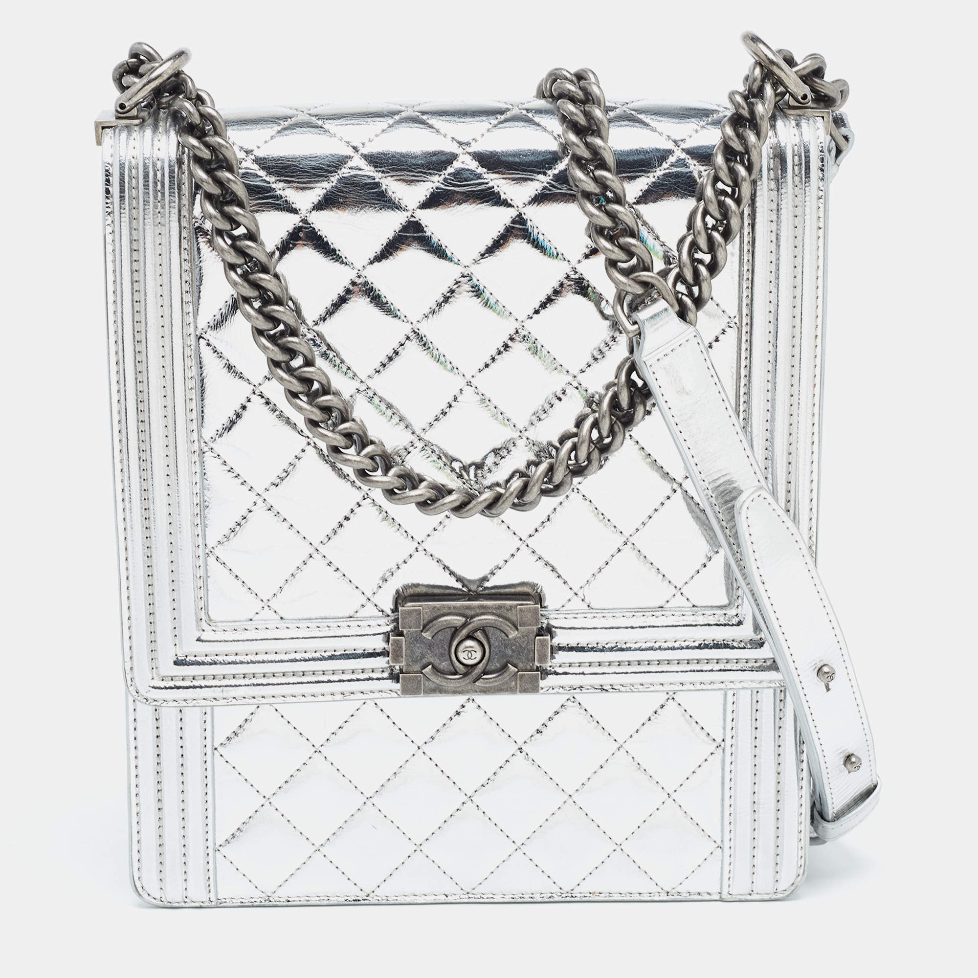 Chanel Silver Quilted Leather North South Boy Flap Bag