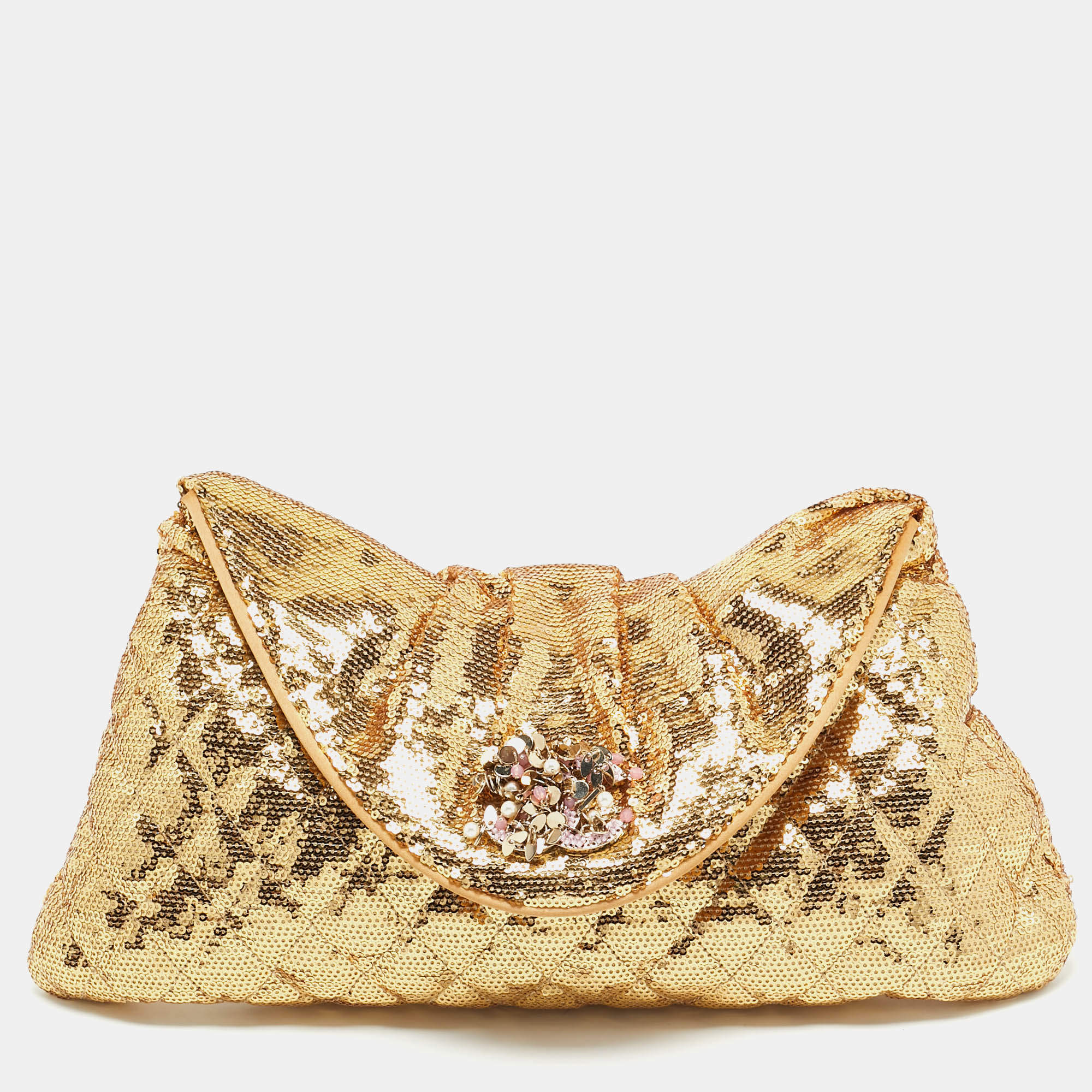 Pre Owned Chanel Gold Quilted Sequins Half Moon Clutch