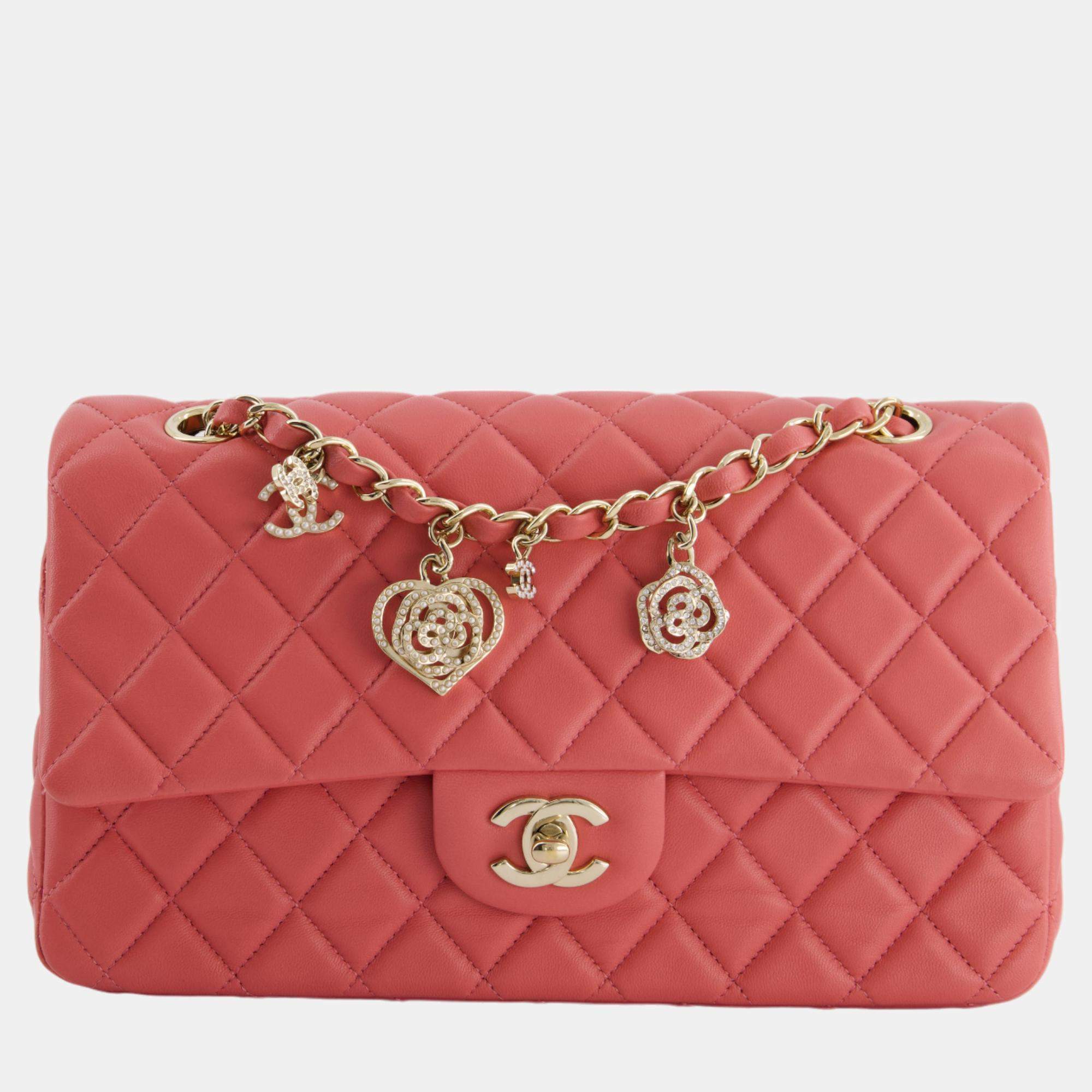 Chanel Pink Medium Single Flap Bag in Lambskin Leather with Champagne Gold Hardware