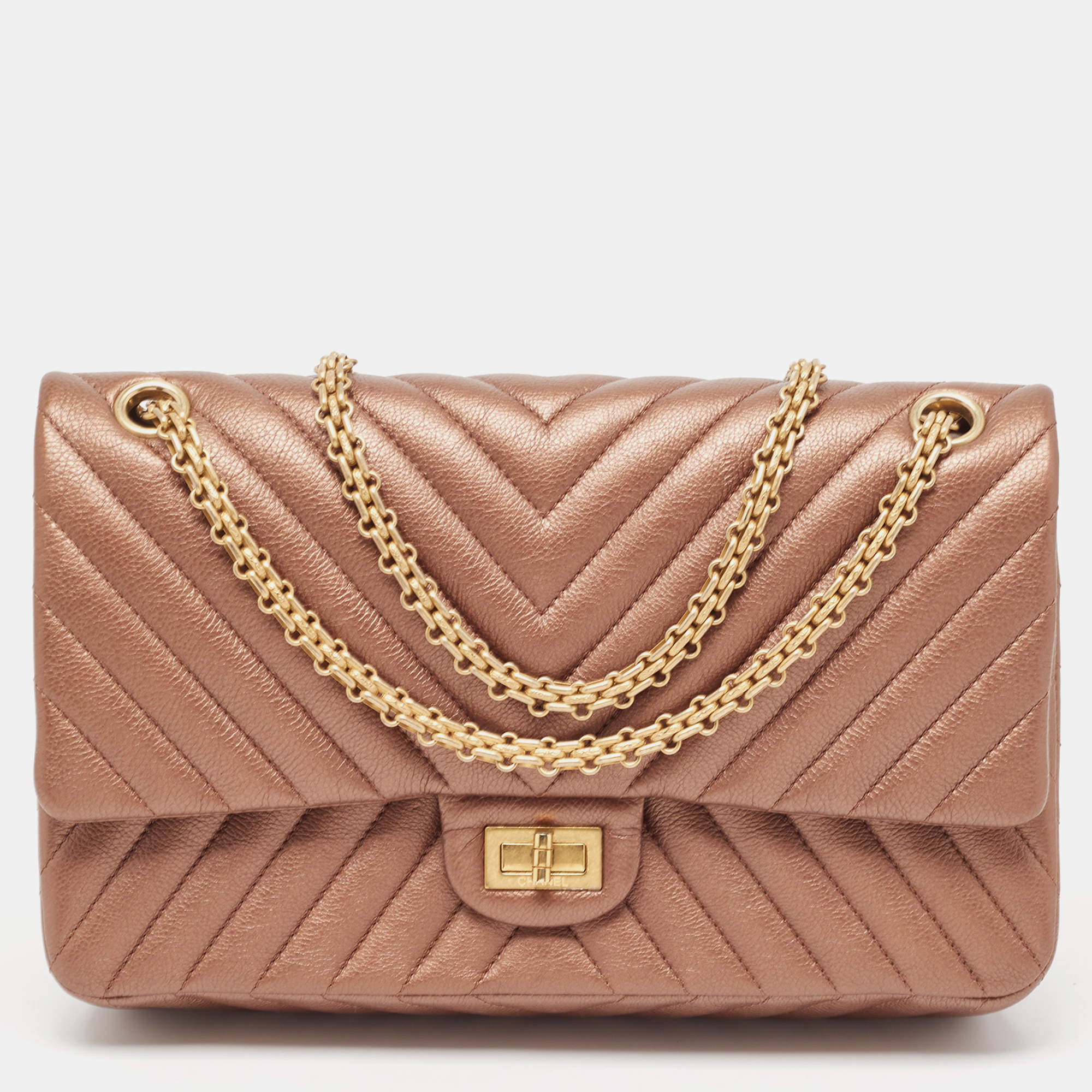 Pre Owned Chanel Bronze Chevron Leather 226 Reissue 2.55 Flap Bag