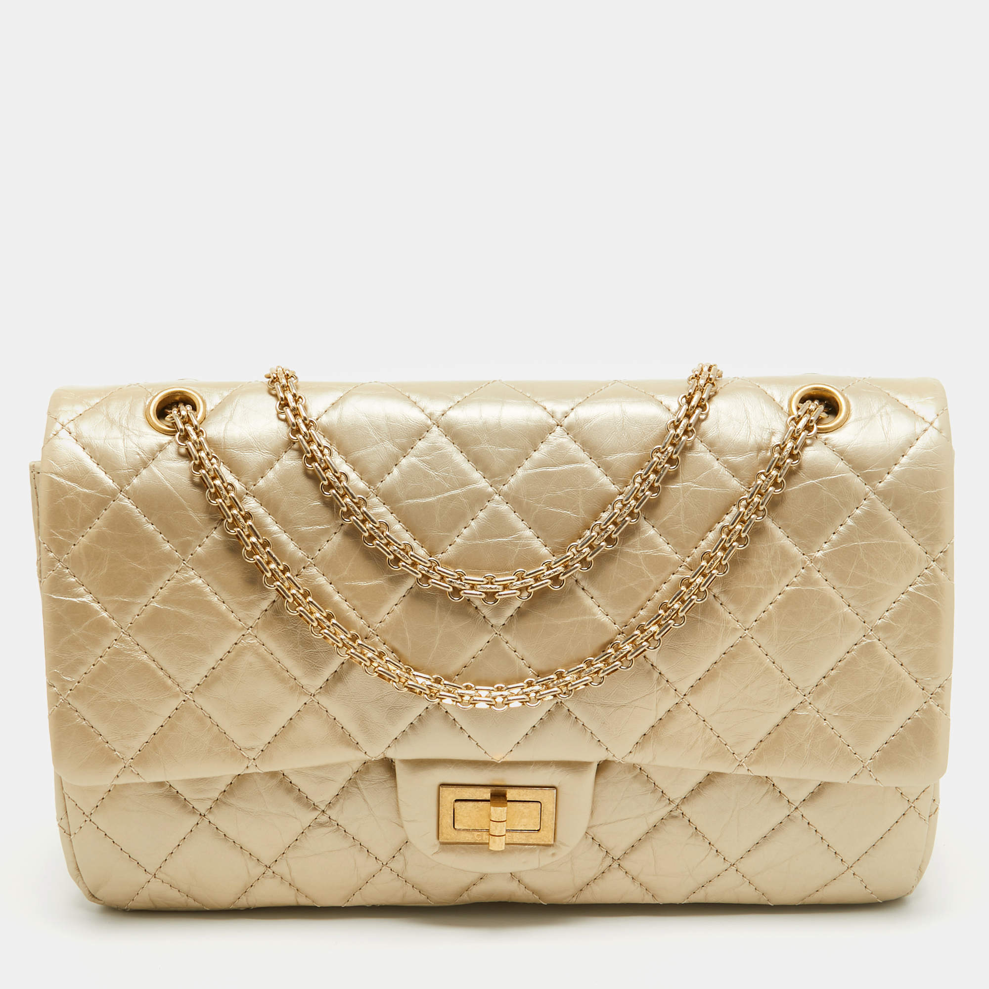 Pre Owned Chanel Gold Quilted Aged Leather 227 Reissue 2.55 Flap Bag