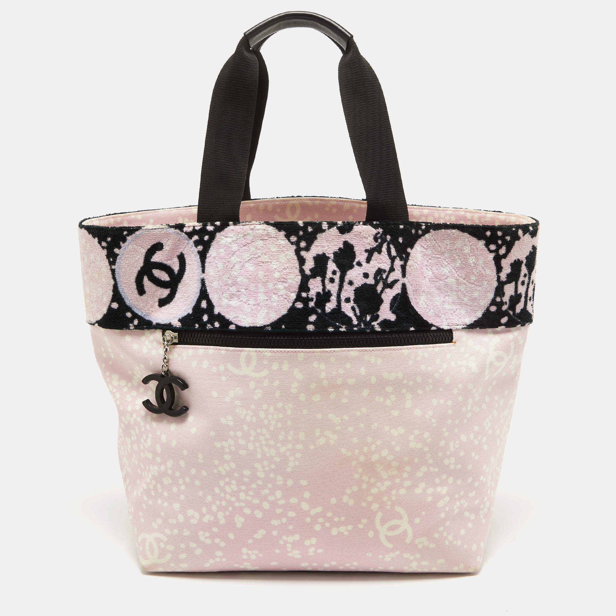 Pre Owned Chanel Pink/ Black Terry Cloth Canvas Tote 