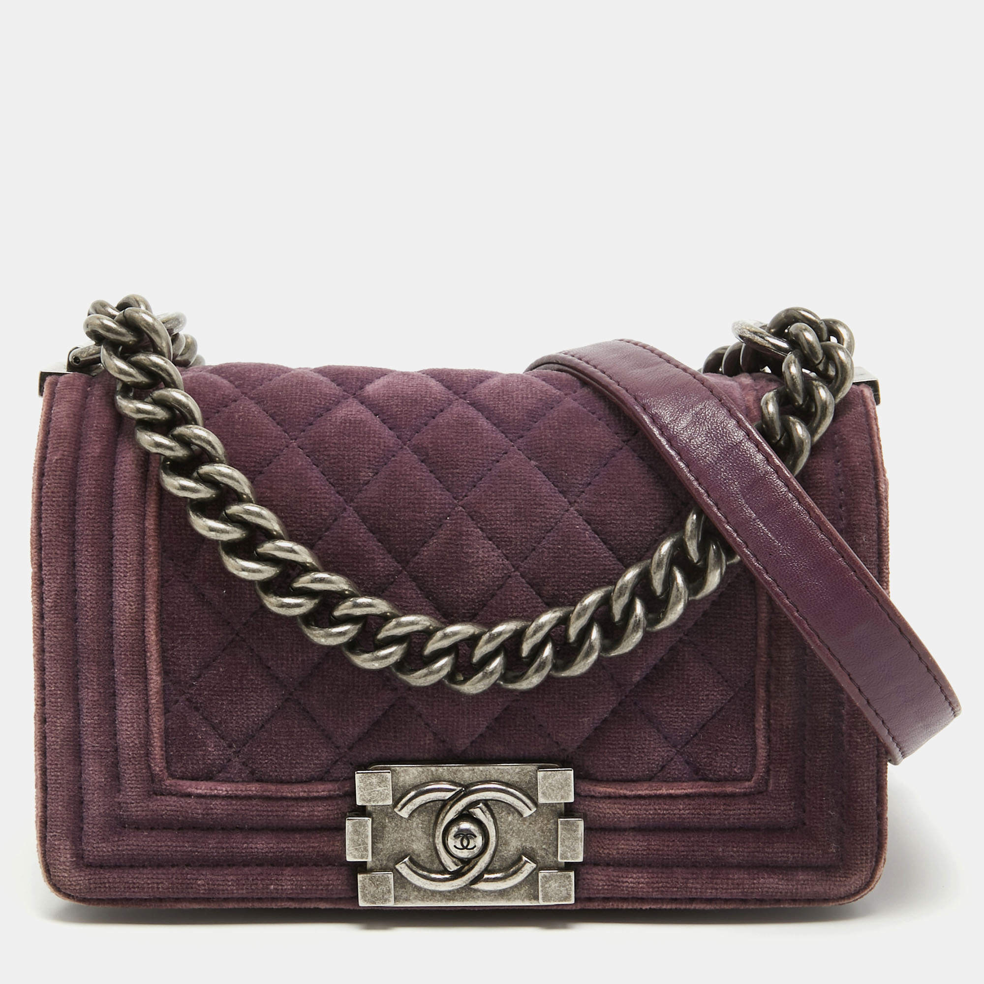 Pre Owned Chanel Purple Velvet Small Boy Bag