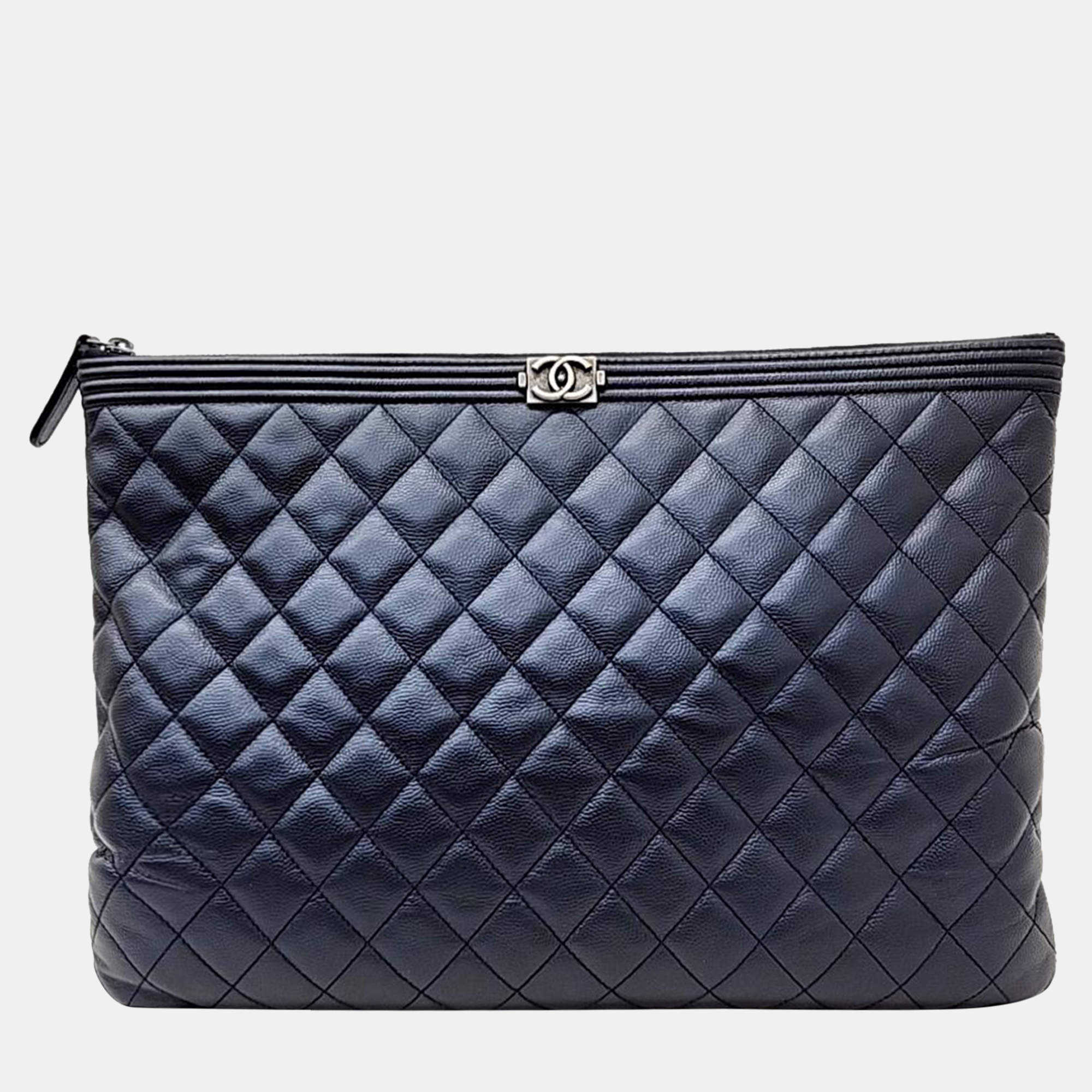 Chanel Blue Caviar Leather Boy Large Clutch