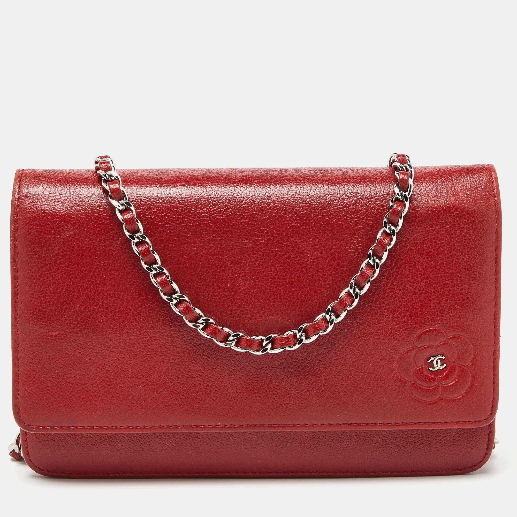 Chanel Red Leather Camellia Wallet On Chain