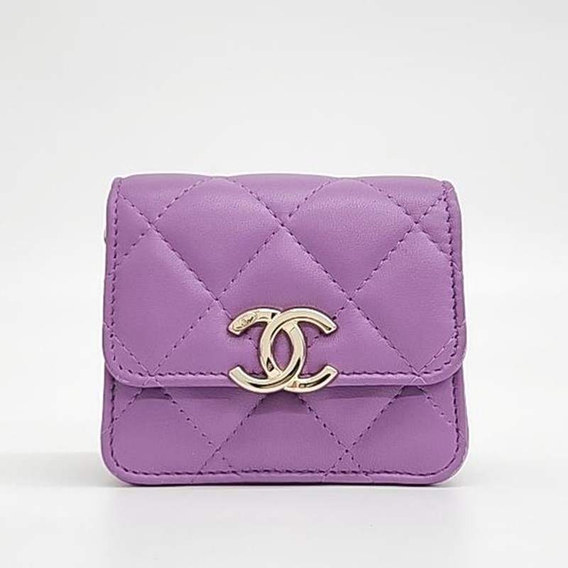 Chanel Purple Leather Coco Chain Card Wallet