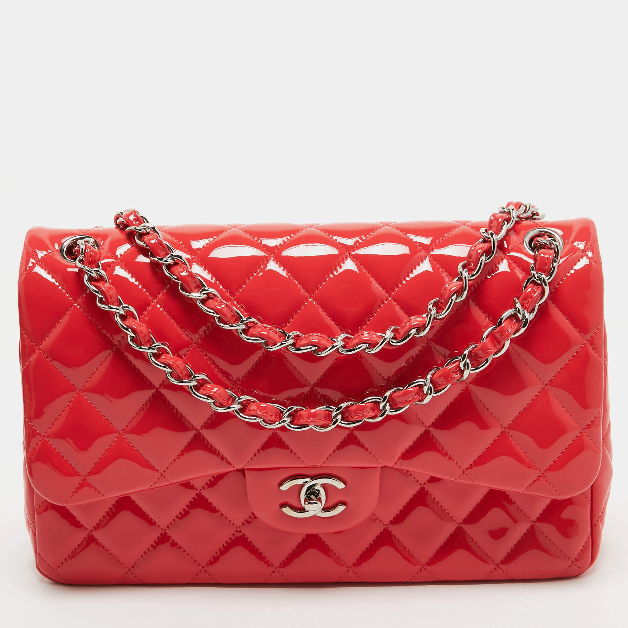 Pre Owned Chanel Red Quilted Patent Leather Jumbo Classic Double Flap Bag