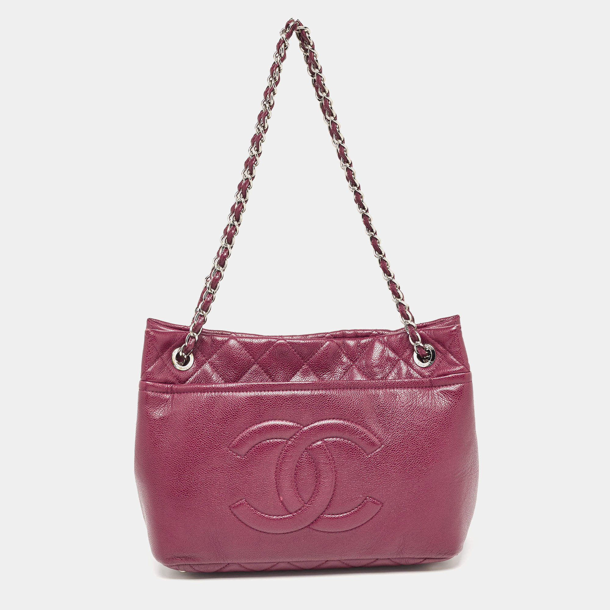 Pre Owned Chanel Dark Red Quilted Caviar Leather CC Timeless Tote