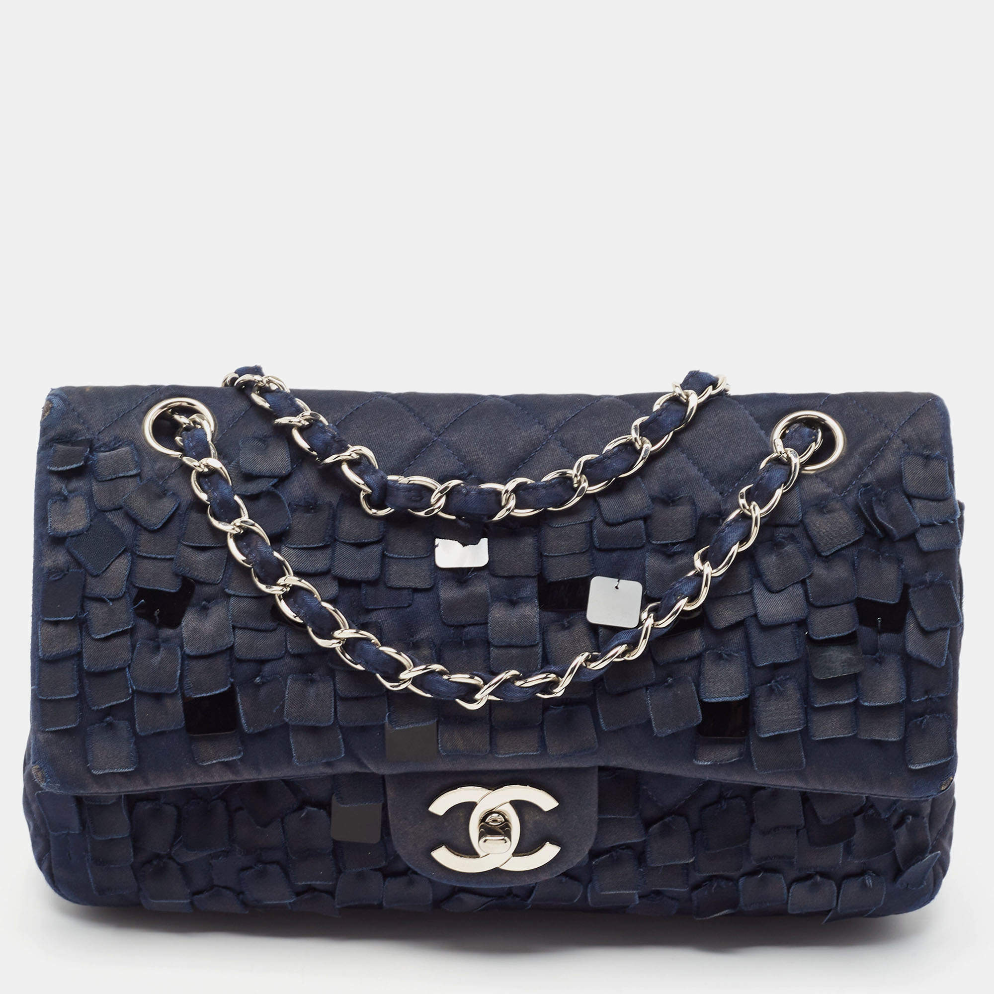 Pre Owned Chanel Navy Blue Quilted Satin Medium Classic Double Flap Bag