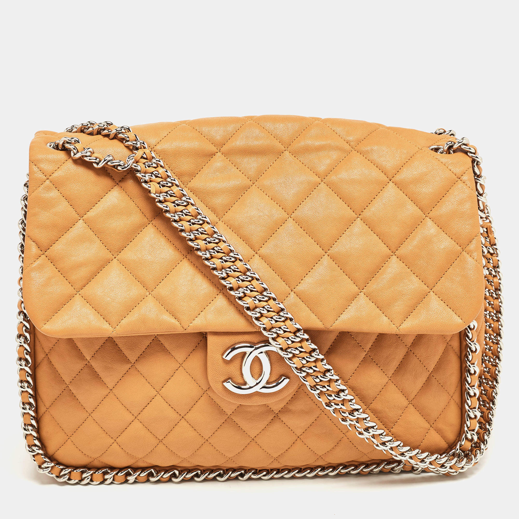 Pre Owned Chanel Brown Quilted Leather Maxi Chain Around Flap Bag
