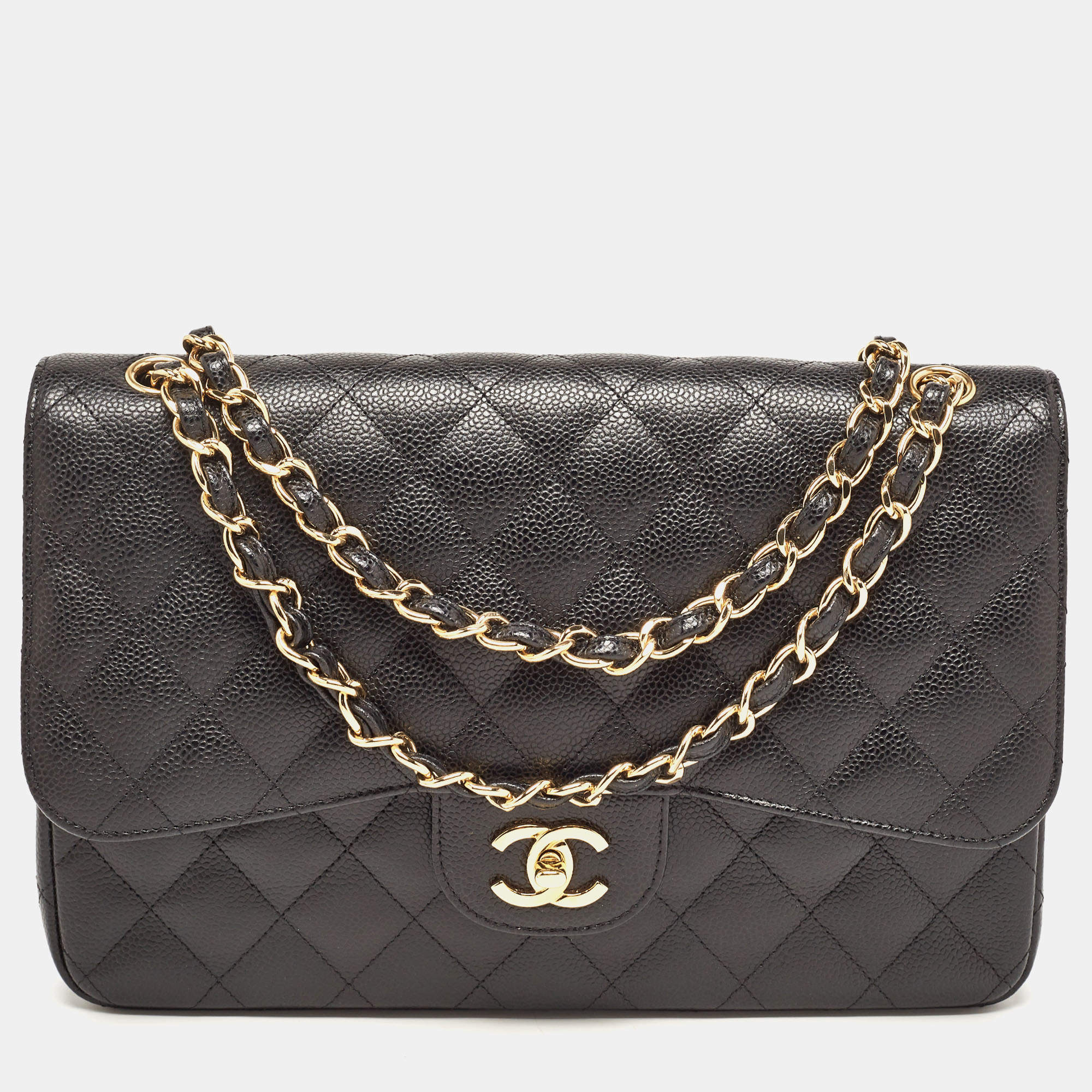 Pre Owned Chanel Black Quilted Caviar Leather Jumbo Classic Double Flap Bag
