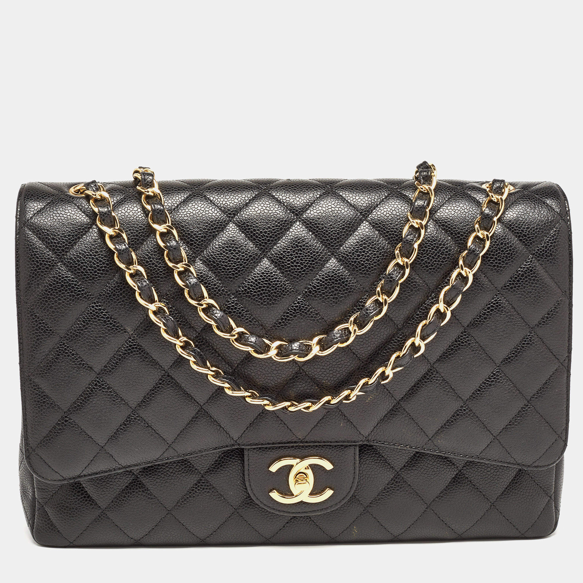 Pre Owned Chanel Black Quilted Caviar Leather Maxi Classic Double Flap Bag