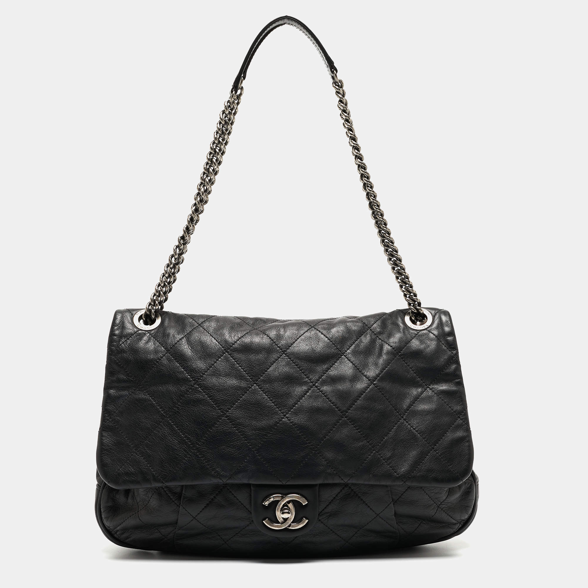 Pre Owned Chanel Black Quilted Leather Coco Pleats Flap Bag